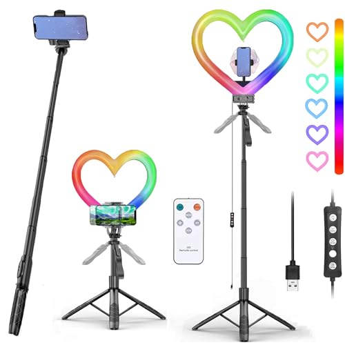 Heart Ring Light, 13" Desk Ring Light with Extendable Selfie Stick Stand for Laptop Video Conference Lighting with Phone Holder Height Adjustable 47