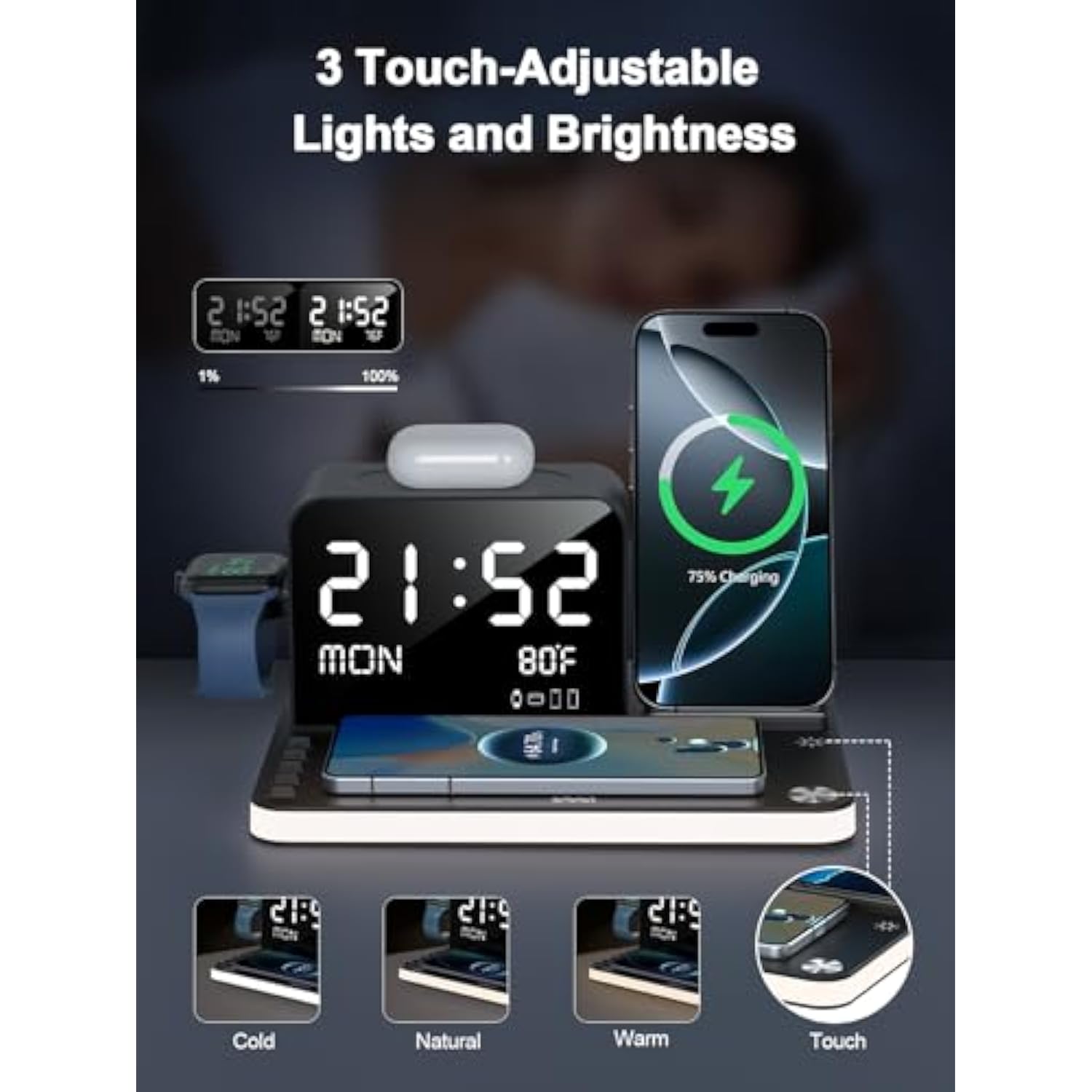 7 In 1 Wireless Charging Station For Apple Device Wireless Charger With Night Light Bluetooth Timesync Temperature 33W Fast Charger For Iphone 16/15/14/13/12 Pro Max Android Phone Airpods Apple Watch