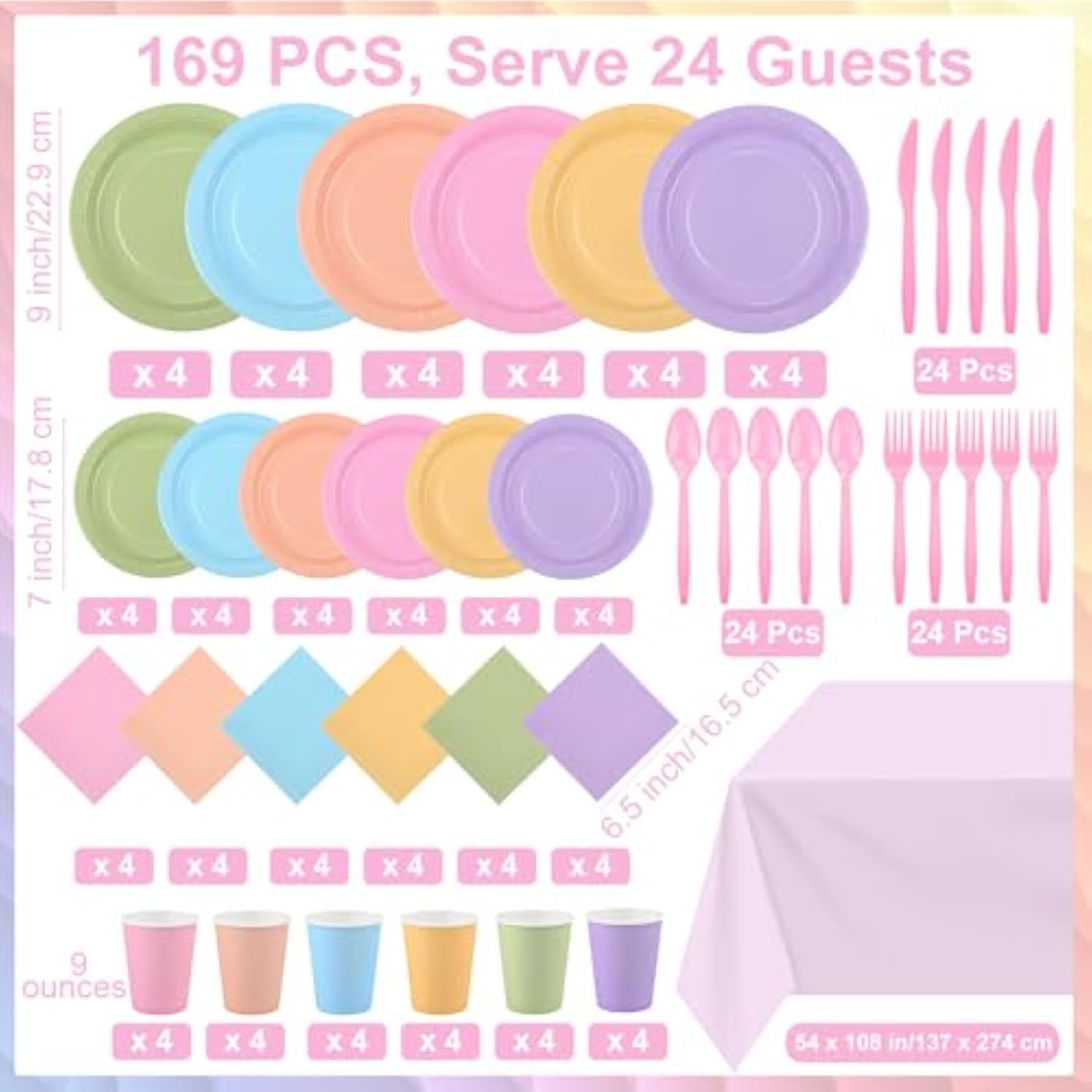 169 Pieces Pastel Party Supplies Disposable Dinnerware Set Include Plates And Cups Napkins Plastic Forks Knives Spoons Tablecloth For Wedding Birthday Party Decorations, Serve 24 Guests