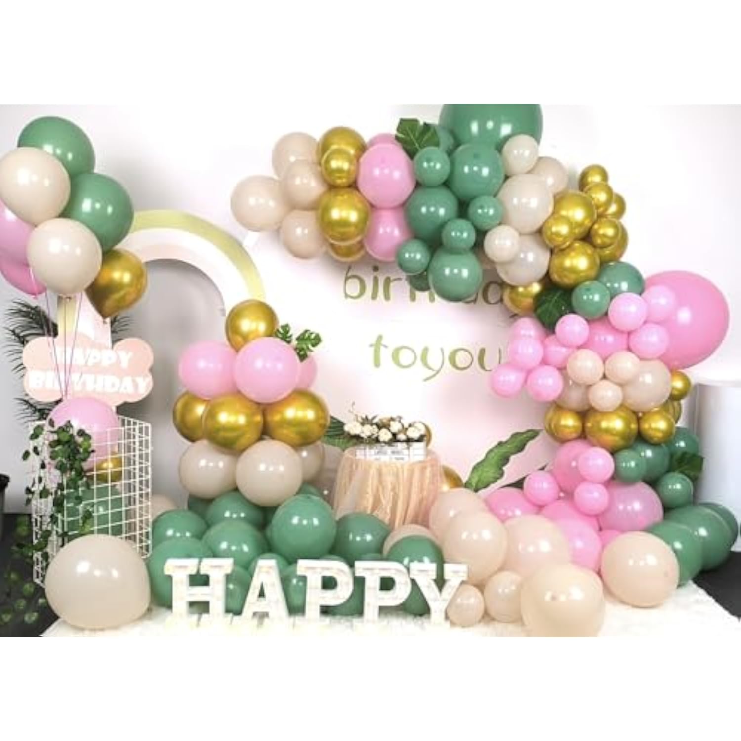 Sage Green And Pink Balloon Arch Kit, 137 Pcs Blush Pastel Pink And Green Baby Shower Garland With White Sand Metalic Gold Balloons For Boho Girls Woodland Wedding Jungle Safari Birthday Party Decor
