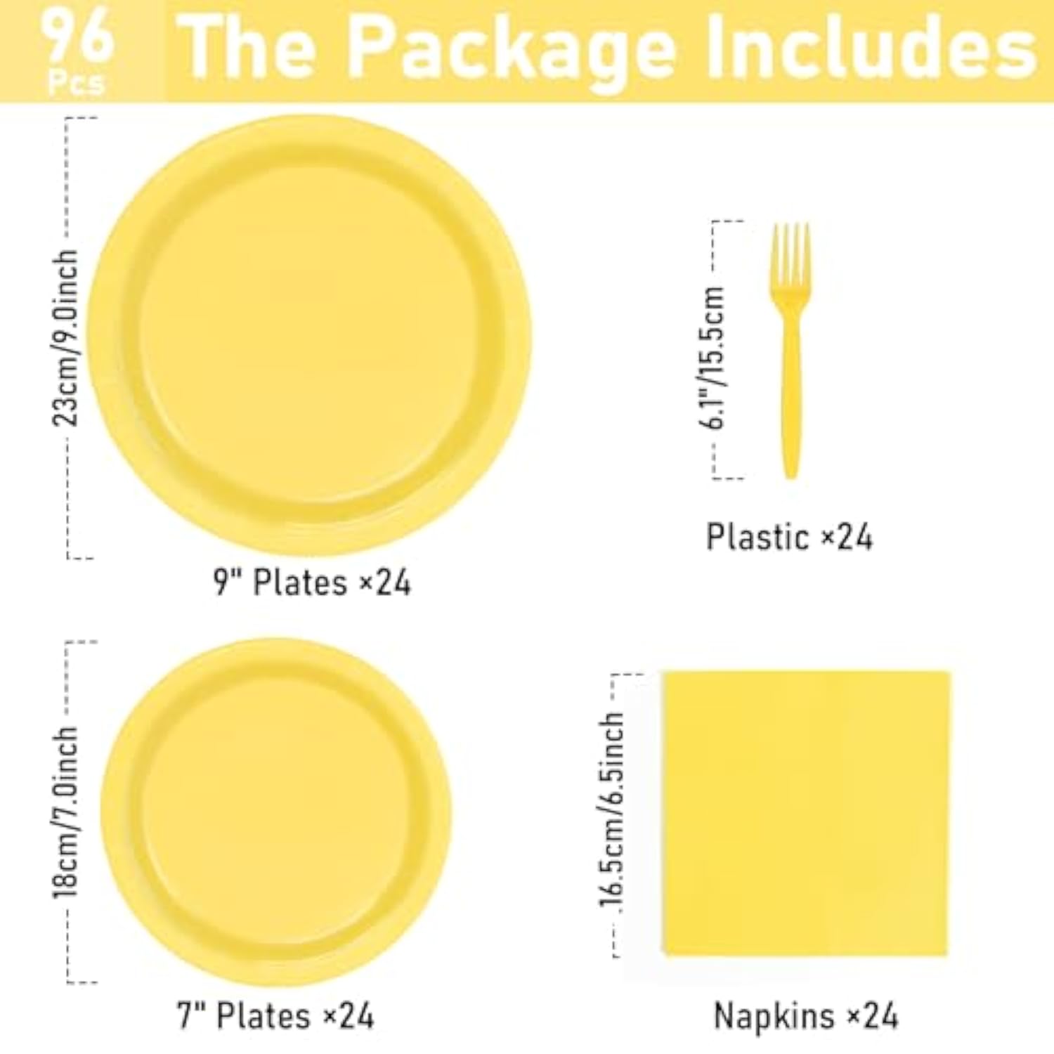 96 Pcs Party Plates, Yellow Paper Plates And Napkins, Disposable Tableware Set, Party Supplies For Kids Birthday Baby Shower Wedding Picnic, Serve For 24 Guests