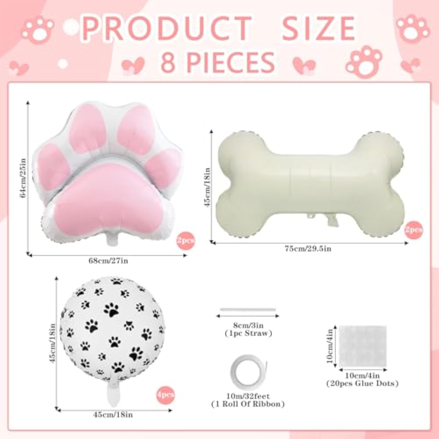 8 Pcs Dog Balloons 30 Inch Bone Foil Balloons Paw Print Balloon Dog Birthday Decorations Pink Dog Paw Balloon Pets Puppy Themed Birthday Party Decorations Supplies