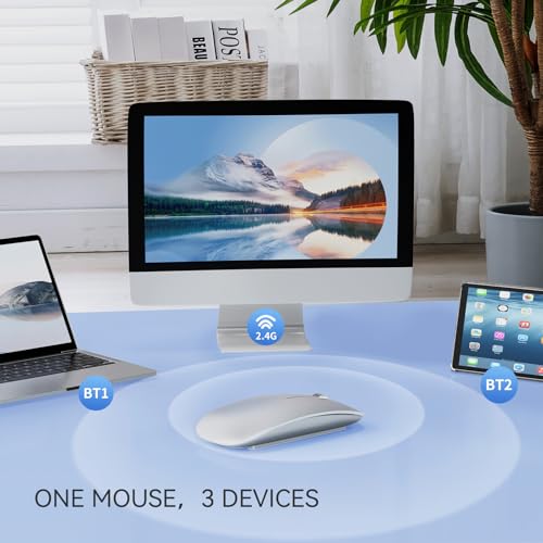 M18 Bluetooth Mouse, Usb C Rechargeable Wireless Mouse, Triple Mode (Dual Bluetooth+Usb) Computer Silent Mice Portable With Usb Receiver And Type C Adapter For Laptop/Macbook/Ipad/Pc - Silver