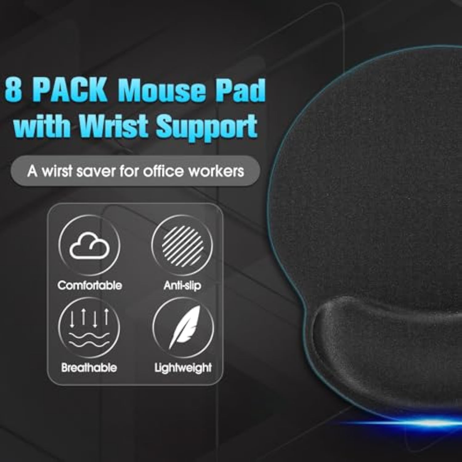 8 Pack Ergonomic Mouse Pad With Wrist Rest Support Gel Memory Foam Mouse Pad Comfortable Computer Mouse Pad For Laptop Pain Relief Mousepad For Laptop, Computer, Gaming (Solid Black Style)