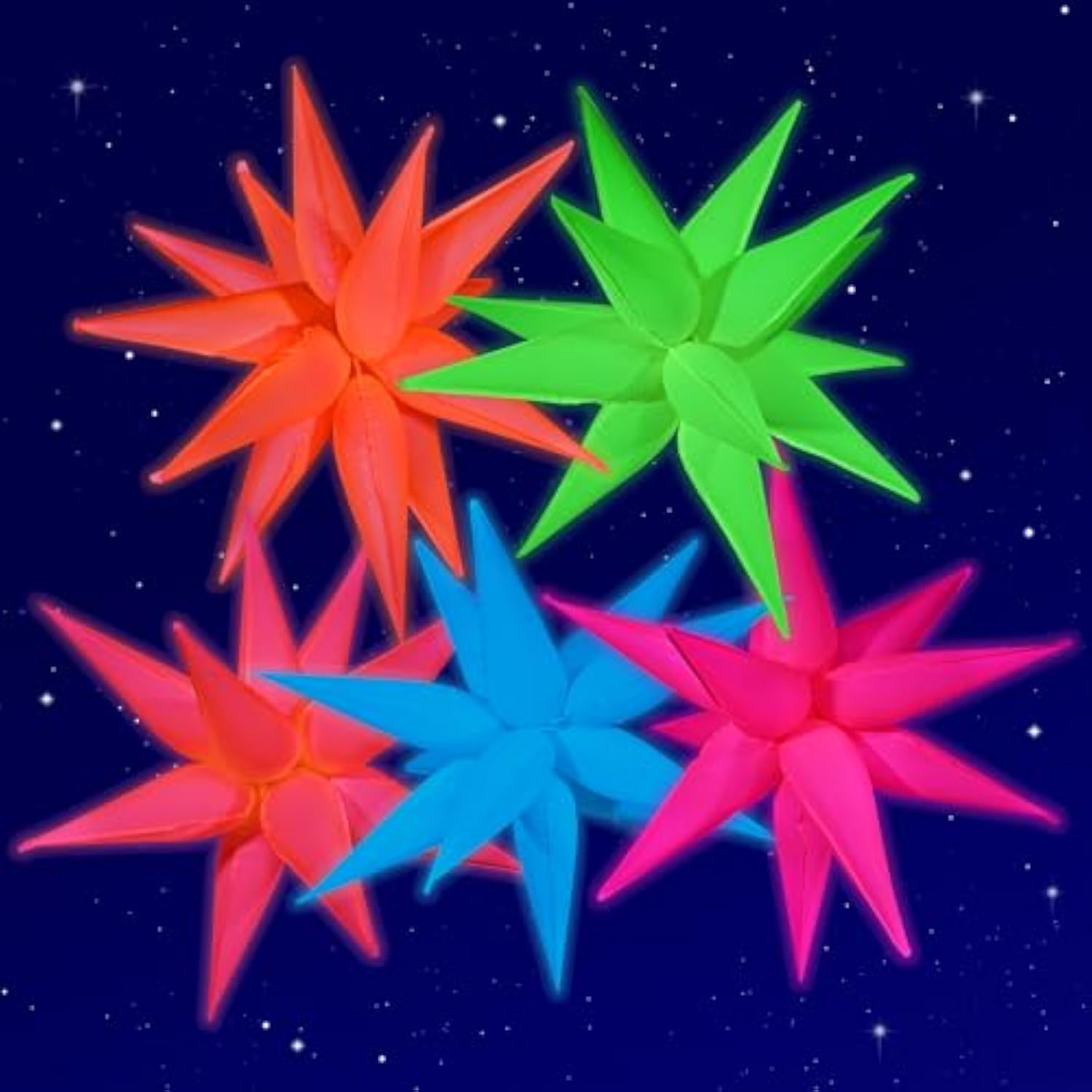 Mega-L Glow Glow In The Dark Party Supplies, 5 Pcs Neon Star Balloons Kit – Neon Foil Explosion & 12 Pt Cone Balloons For Arches/Garlands. Perfect For Birthday, Wedding, Anniversary, Graduation Party