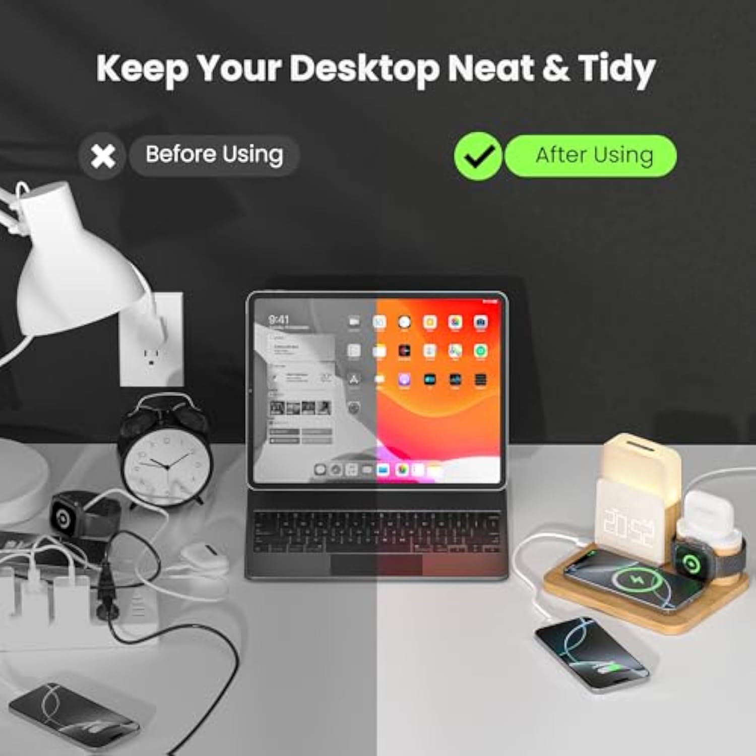 Alarm Clock Charging Station For Bedrooms, 7 In 1 Wireless Charging Station, Mag-Safe Charger With Night Light Bedside Clock For Iphone 16 15 14 13 12 Pro Max, Apple Watch, Airpods