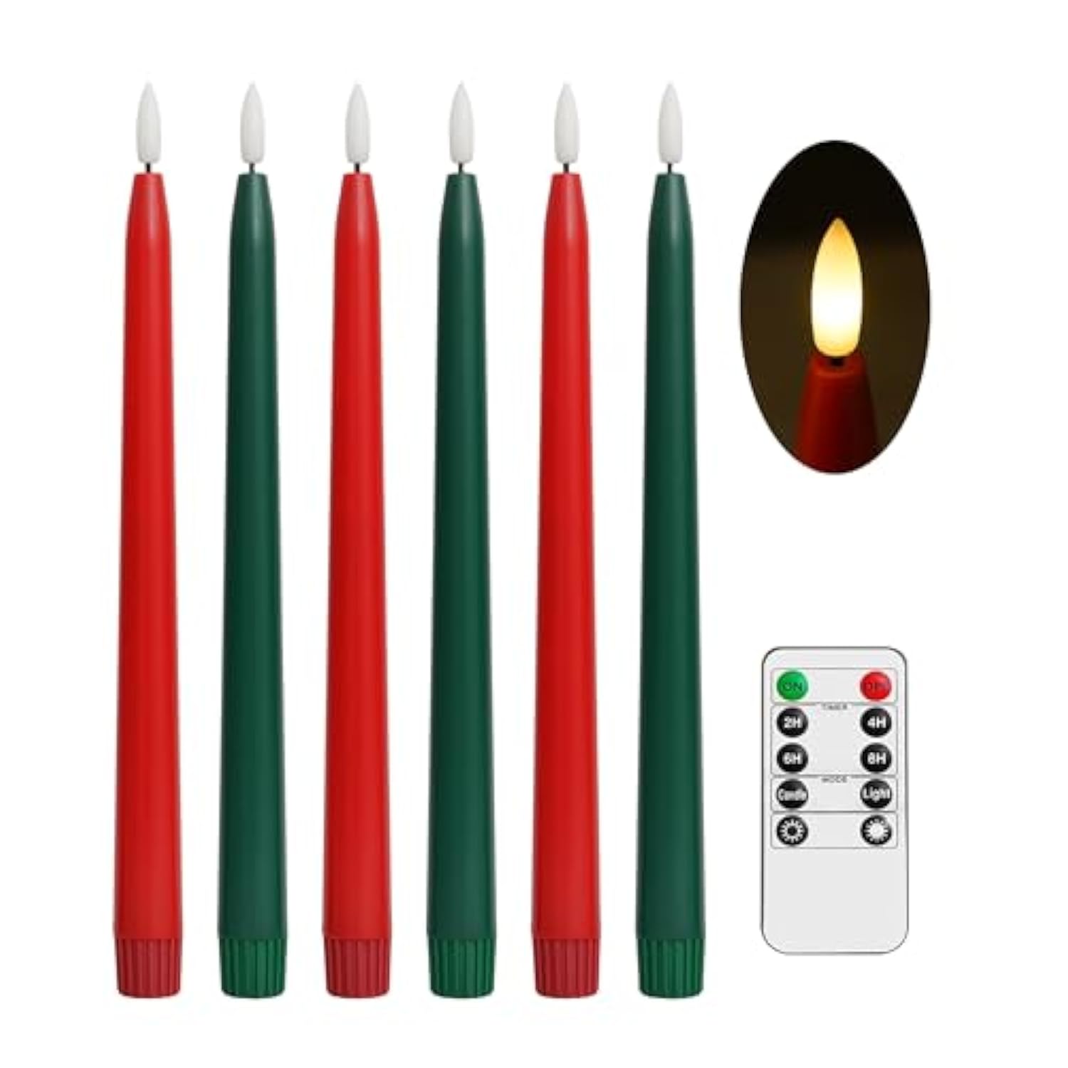 Green And Red Flameless Taper Candles With Remote Control - 11 Inch Led Candlesticks Battery Operated, Realistic 3D Flame With Wick, Timer, 6 Pack Holiday Candles Christmas Decor
