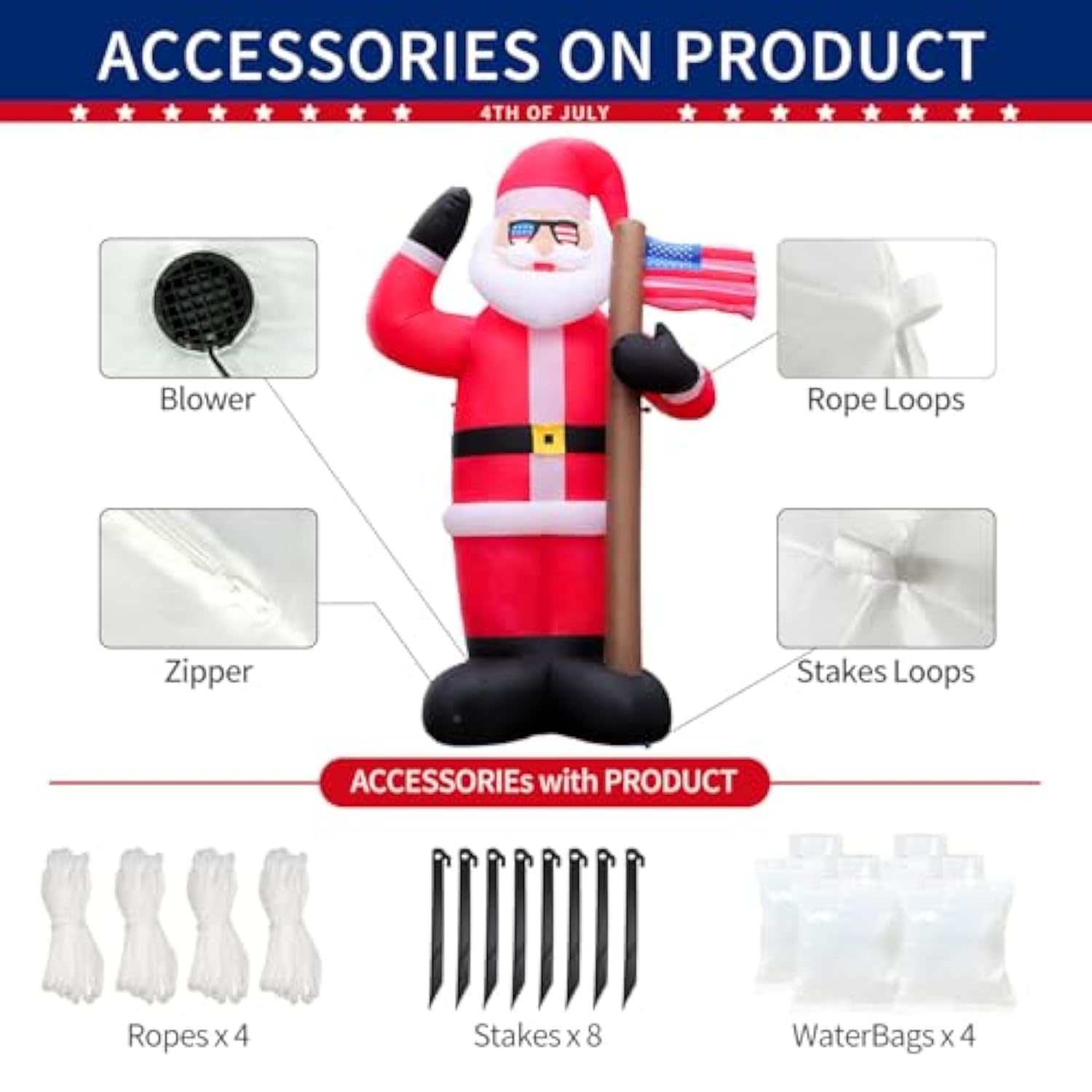 8Ft Christmas Patriotic Inflatable Outdoor Decoration, Santa Claus With American Flag, Led Lights Holiday Blow Up For Pa