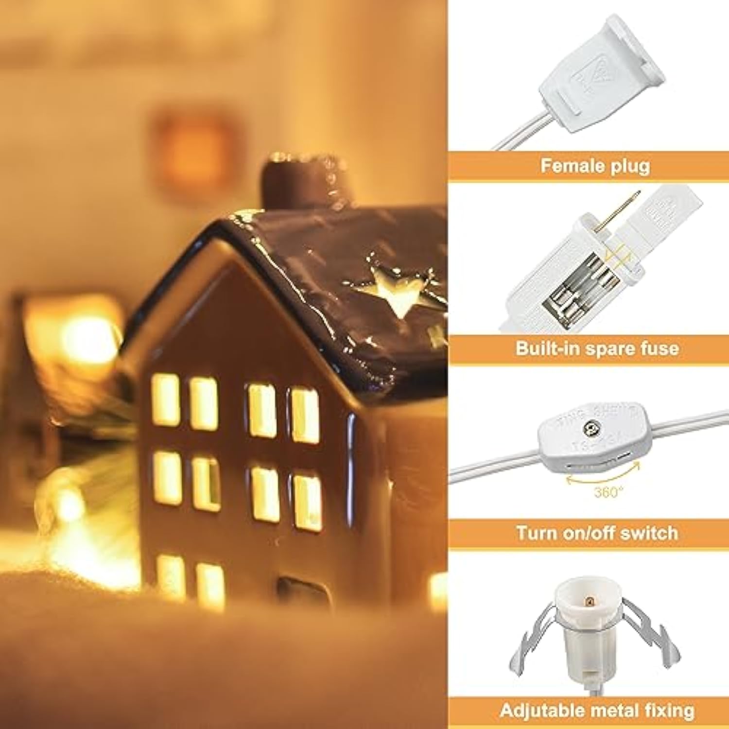 4 Pack Chainable Accessory Cord With C7 Led Light Bulbs, 6 Ft Indoor Blow Mold Light Cord With Male And Female Plugs For