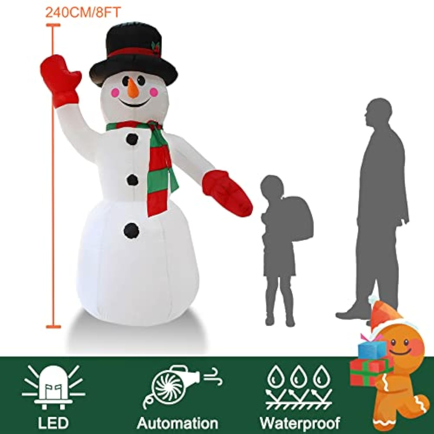 8Ft H Christmas Inflatable Gentleman Snowman With Build-In Led Lights, Blow Up Snowman Inflatable Outdoor Decorations La