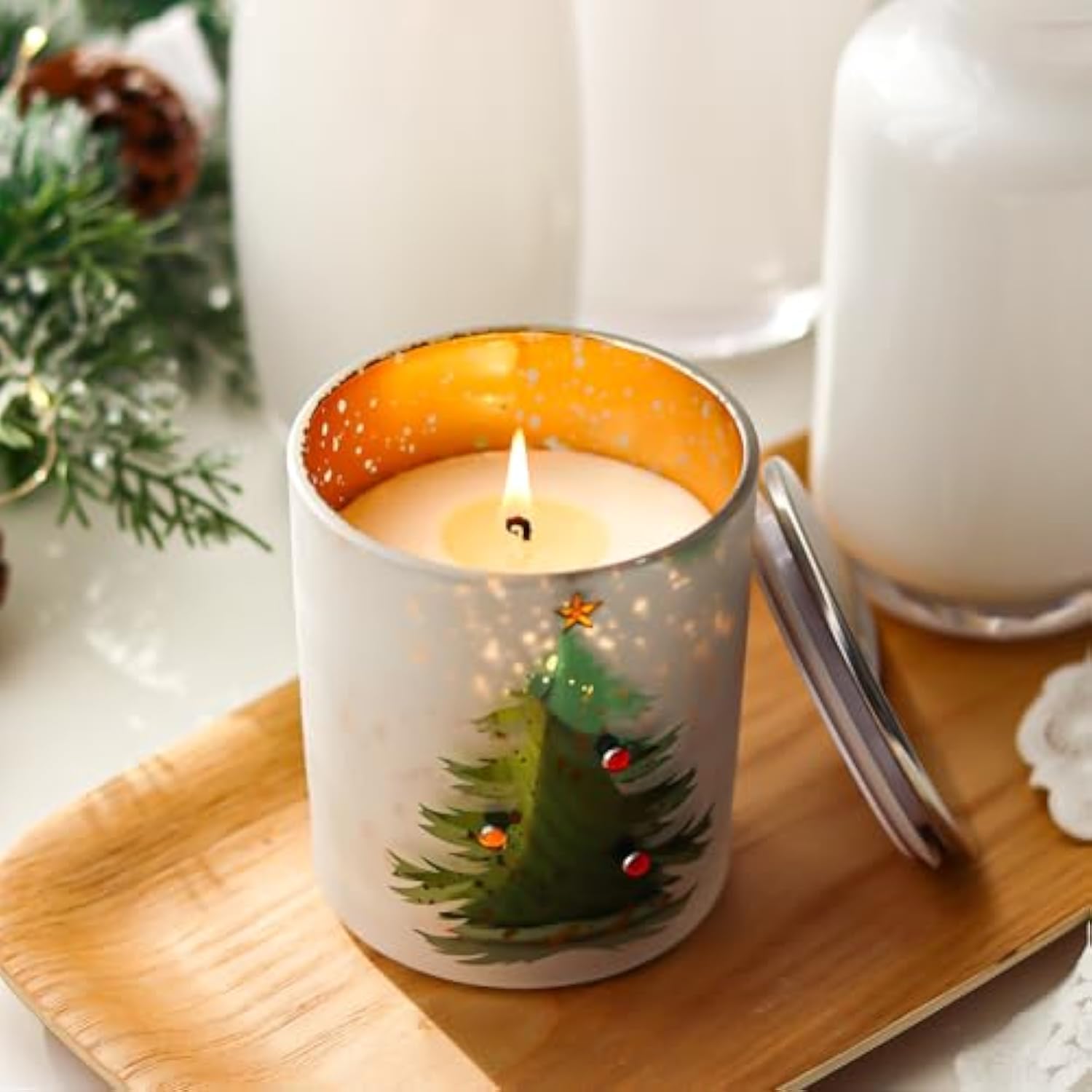 Christmas Candle 11Oz - Pine Fir Scented Candle With Xmas Tree Design, Indoor Christmas Winter Table Decorations, Ideal Gifts
