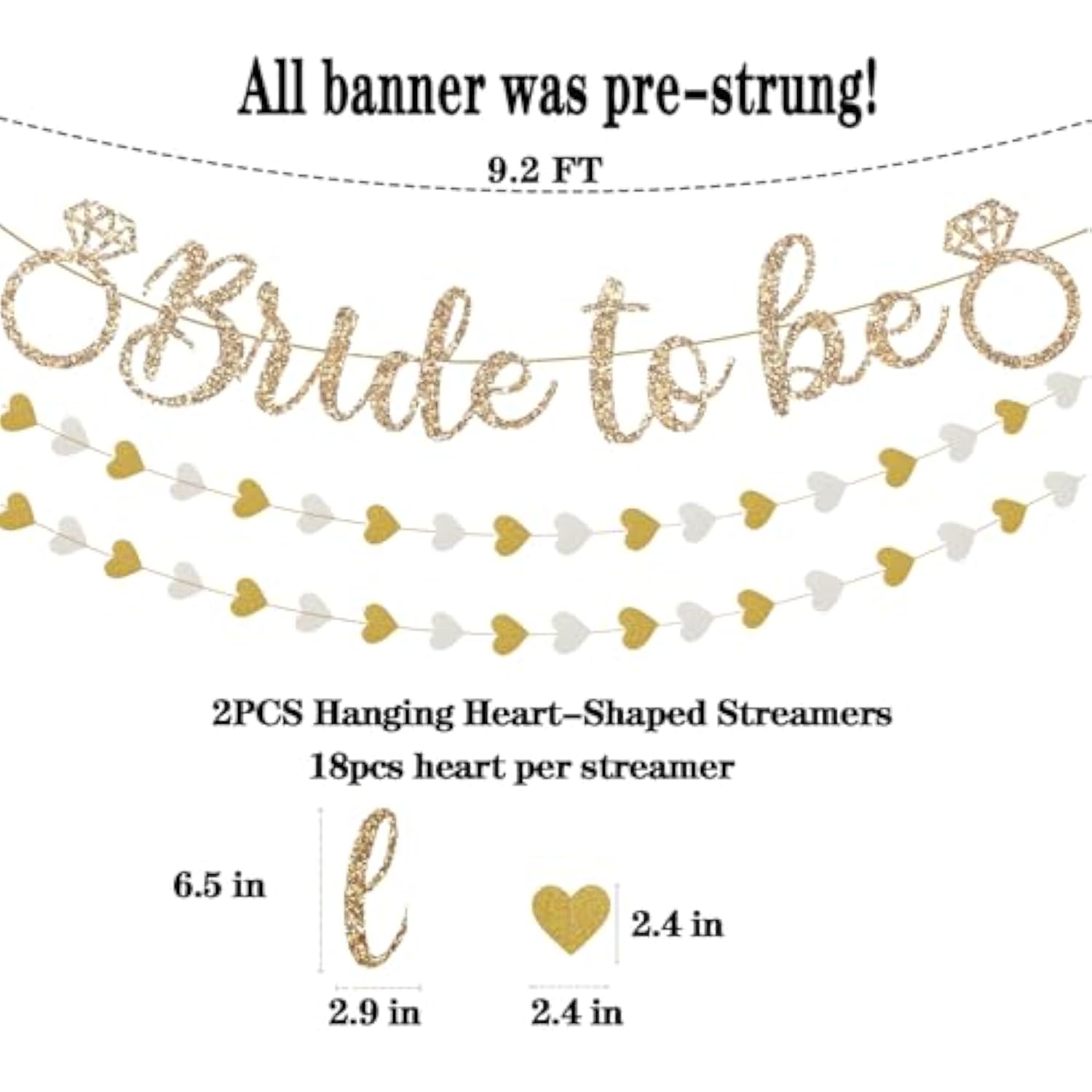 Pre-Strung Bride To Be Banner,Gold Glitter Banner Sign With 2Pcs Heart Streamers Garland For Bachelorette Party Decorations, Bridal Shower Wedding Engagement Hen Party Decorations Supplies
