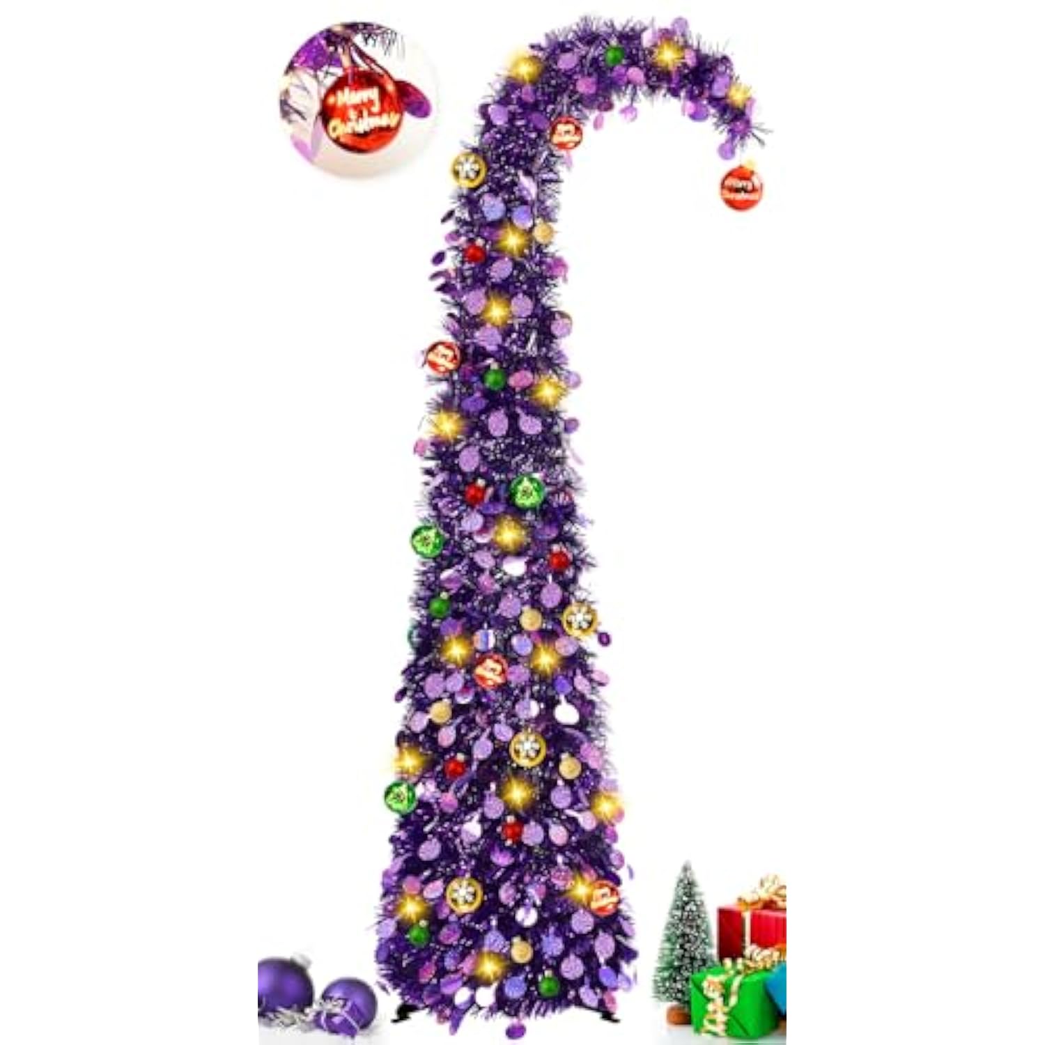 Whimsical Christmas Tree With Ball String Lights 5Ft Pop Up Curved Tree With 15 Ball Lights & Hanging Ornaments Collapsible Tinsel Tree For Apartment Porch Home Xmas Decorations,Purple
