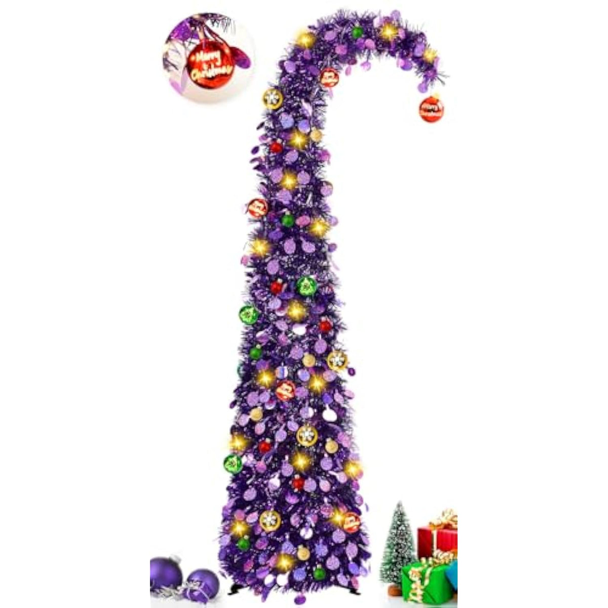 Whimsical Christmas Tree With Ball String Lights 5Ft Pop Up Curved Tree With 15 Ball Lights & Hanging Ornaments Collapsible Tinsel Tree For Apartment Porch Home Xmas Decorations,Purple