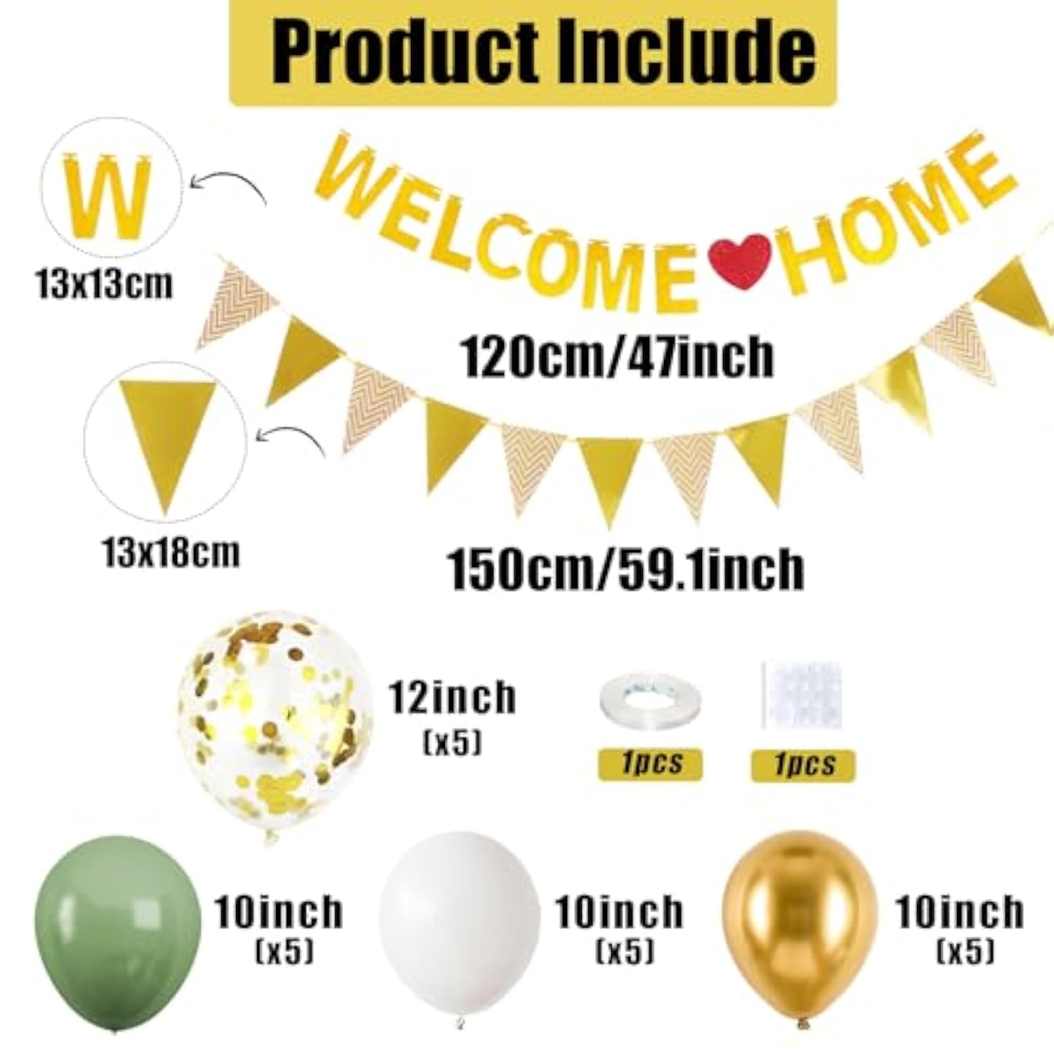 21pcs Green Gold Welcome Home Balloons & Banner Set for Party Decor