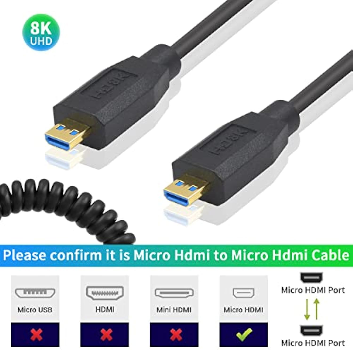 8K Coiled Micro Hdmi To Micro Hdmi 2.1 Cable, 48Gbps Extreme Thin Micro Hdmi M
