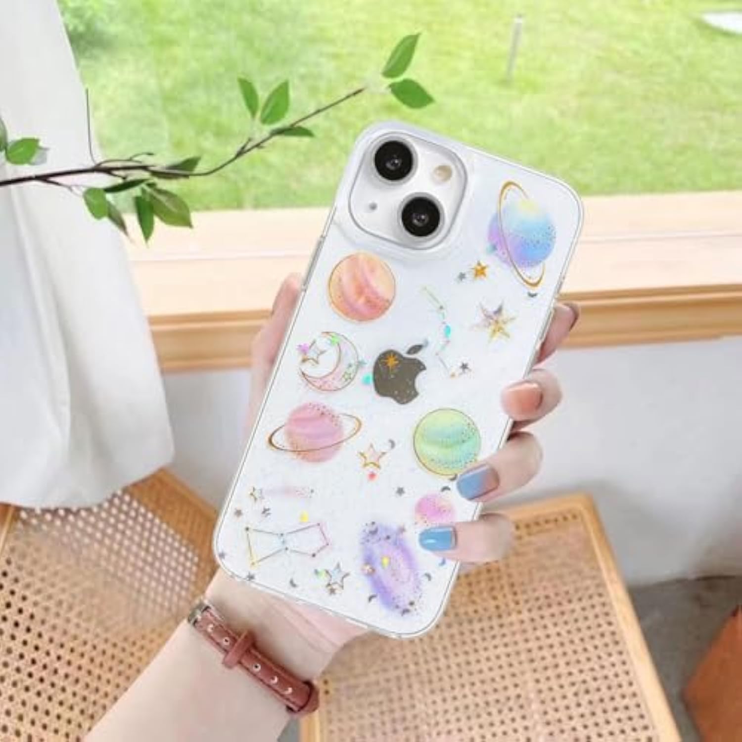 For Iphone 13/14/15 Case Clear Cute With Planet Design Bling Glitter Twinkle Sparkle Stars Moon Space Theme Soft Tpu Aesthetic Shockproof Slim Protective Women Girl'S Unique Phone Cover