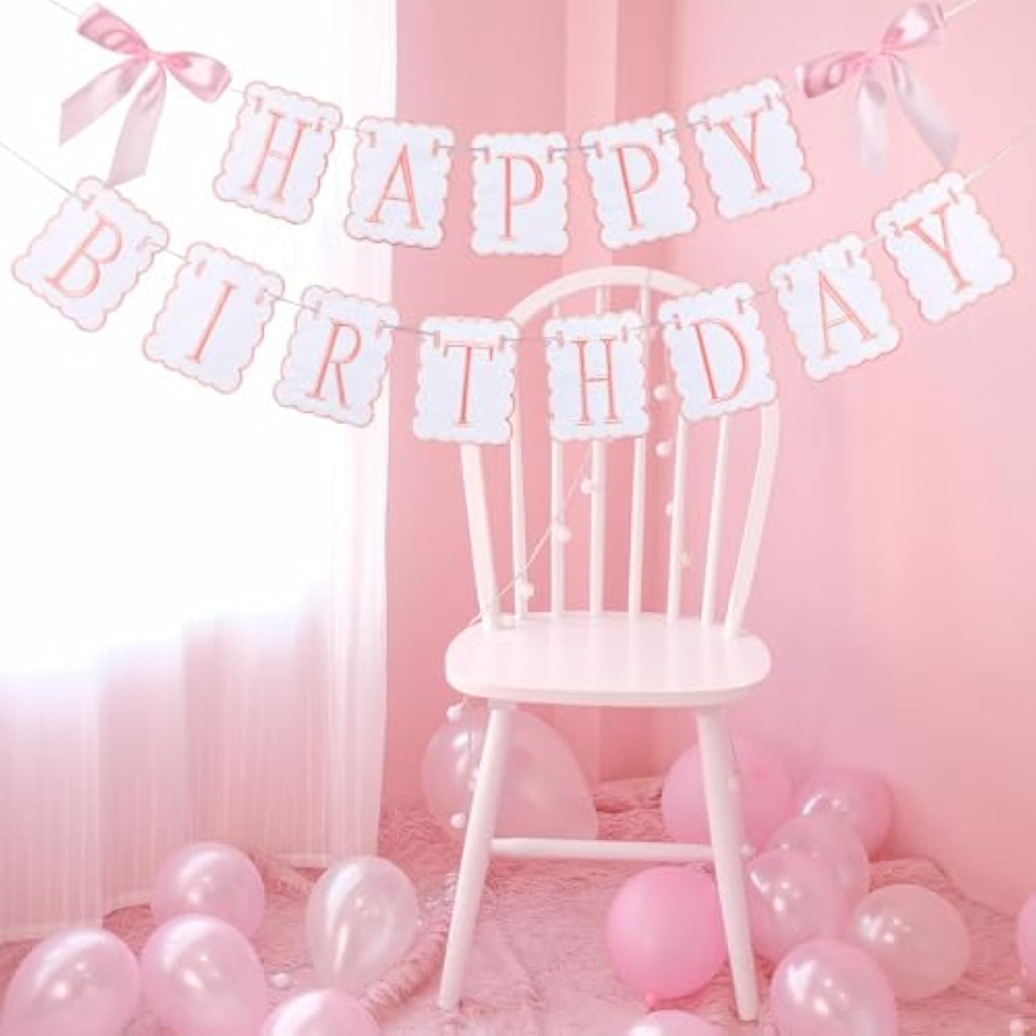 Pink And White Bow Happy Birthday Banner Garland Pink Bow Birthday Party Decorations Coquette Scalloped Embroidered First Party Cake Smash Prop For Women Baby Shower High Chair Decor