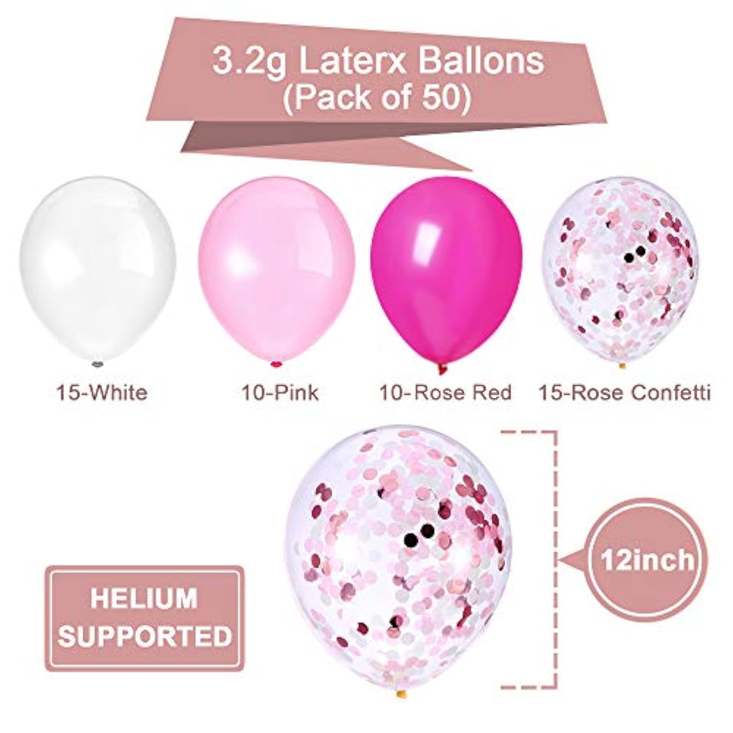 Pink Confetti White Balloons, 50Pcs 12 Inch Latex Balloons For Birthda