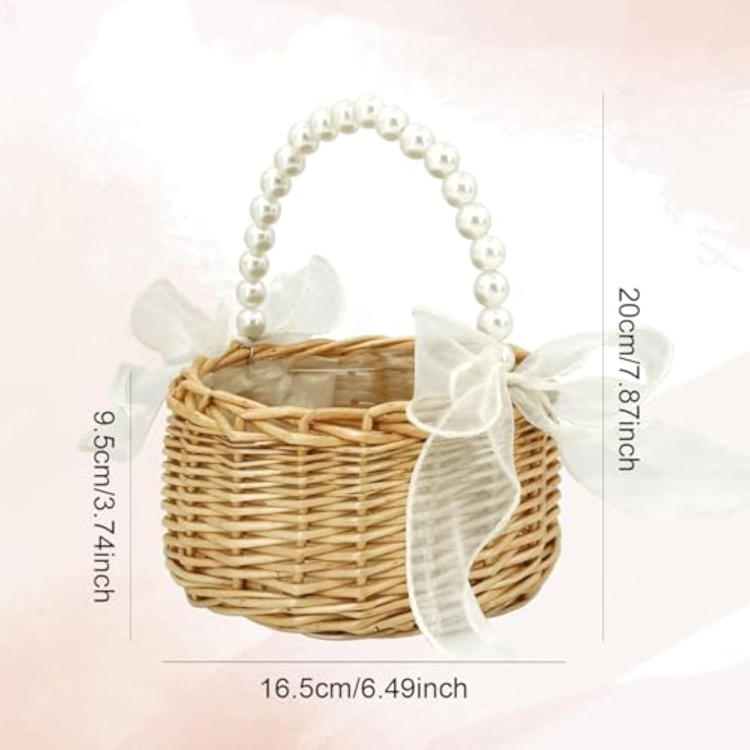Flower Girl Basket - Woven Rattan Wedding Basket With Pearl Handle & Lace Bow, Rustic Elegant Flower Holder For Wedding Party, Garden Decor, Home Decoration