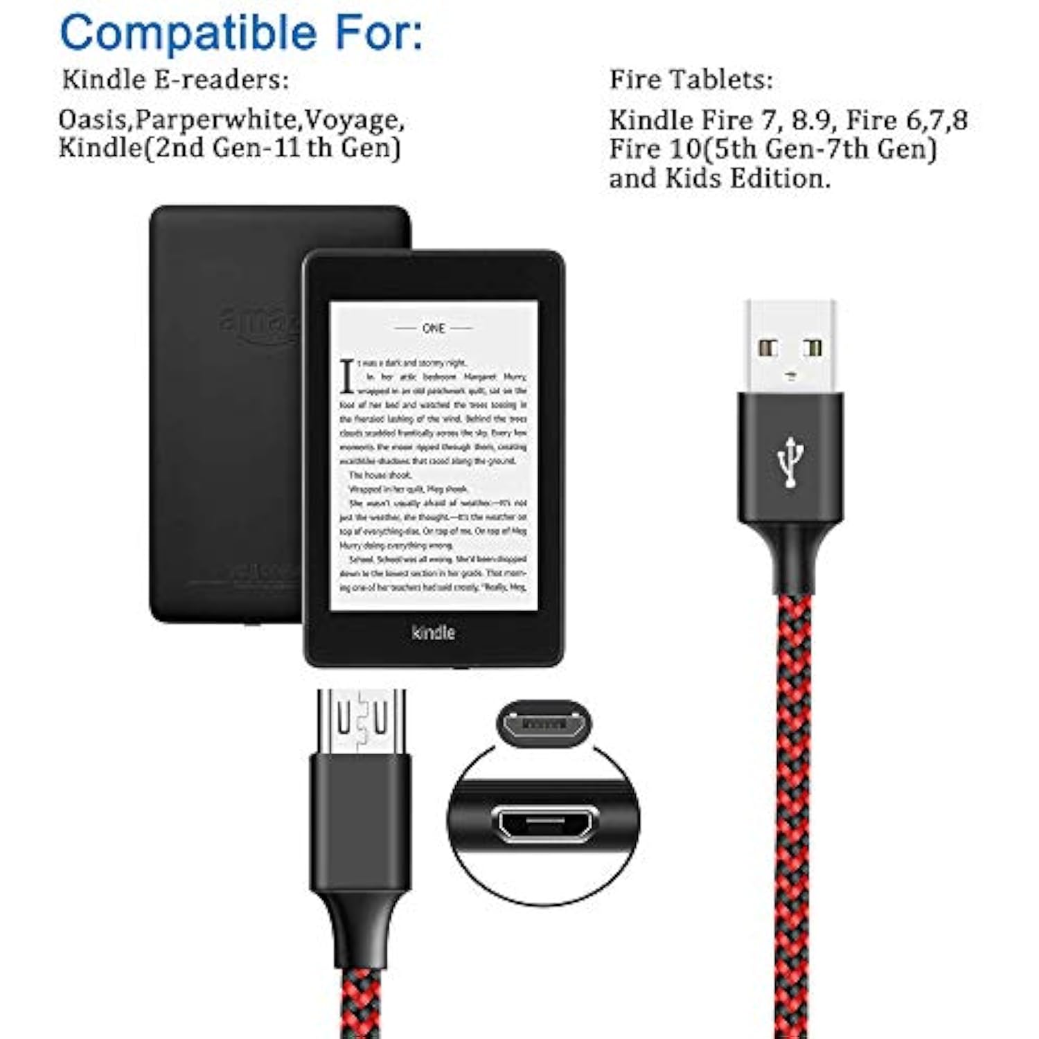 Micro Usb Cable Compatible With Fire Tablet Hd 7 8 10 4Th 5Th 6Th 7Th Generation,E-Readers,Samsung Galaxy Braided Phone Charger Fast Charging Cord 6Ft