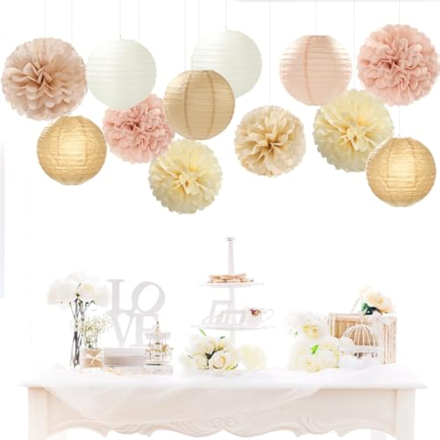 Champagne-Gold White Party-Decorations Paper-Flowers Lanterns - 15Pcs Boho Fall Rustic Tissue Pom Poms Streamers,Wedding Baby Bridal Shower Neutral Autumn Birthday Hanging Supplies Decor