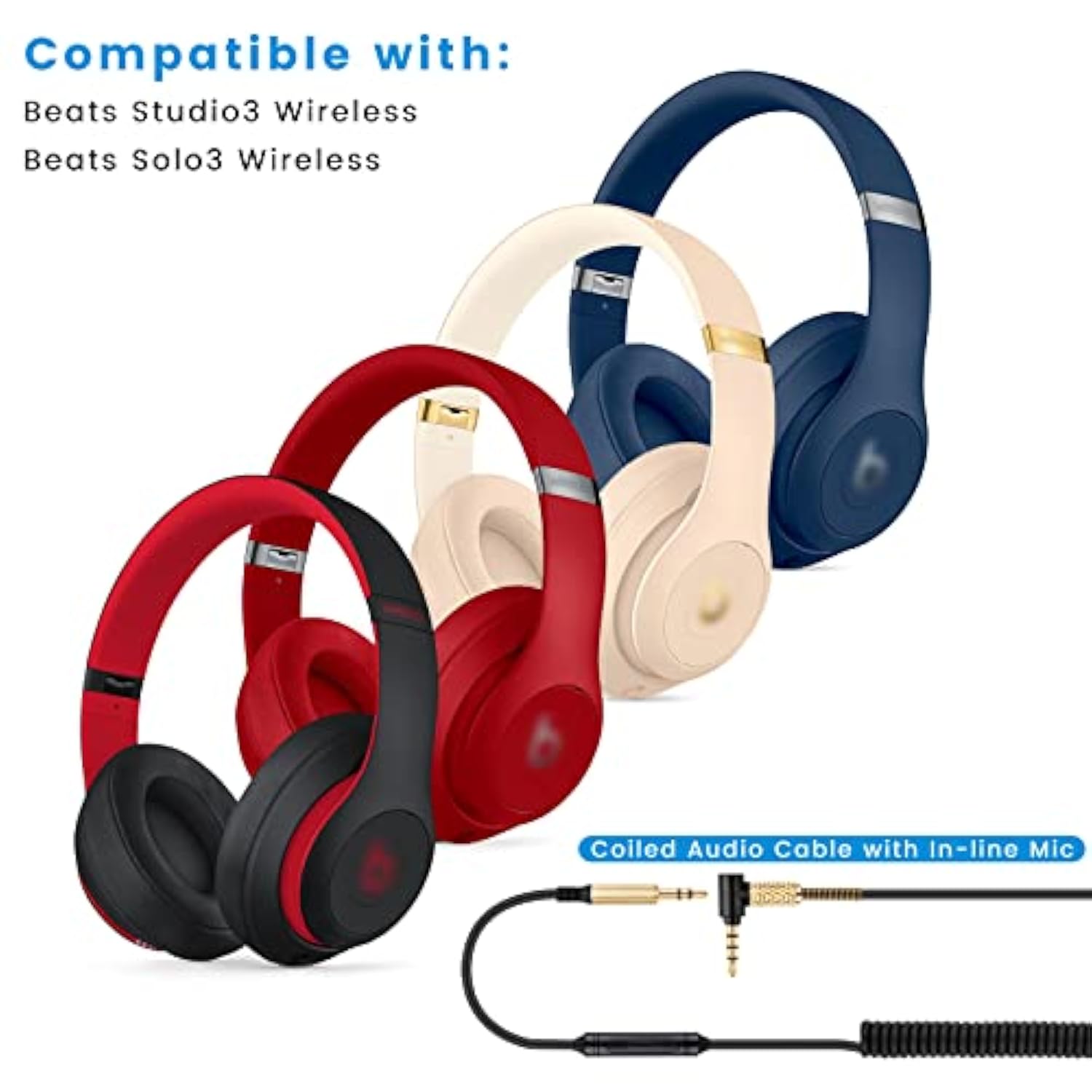 Studio3 Coiled Audio Cable Replacement For Beats Studio3 / Solo3 Wireless Headsets, 3.5Mm In-Line Mic/Volume Control Headphone Cord Works On Ps5 Xbox One, 8Ft