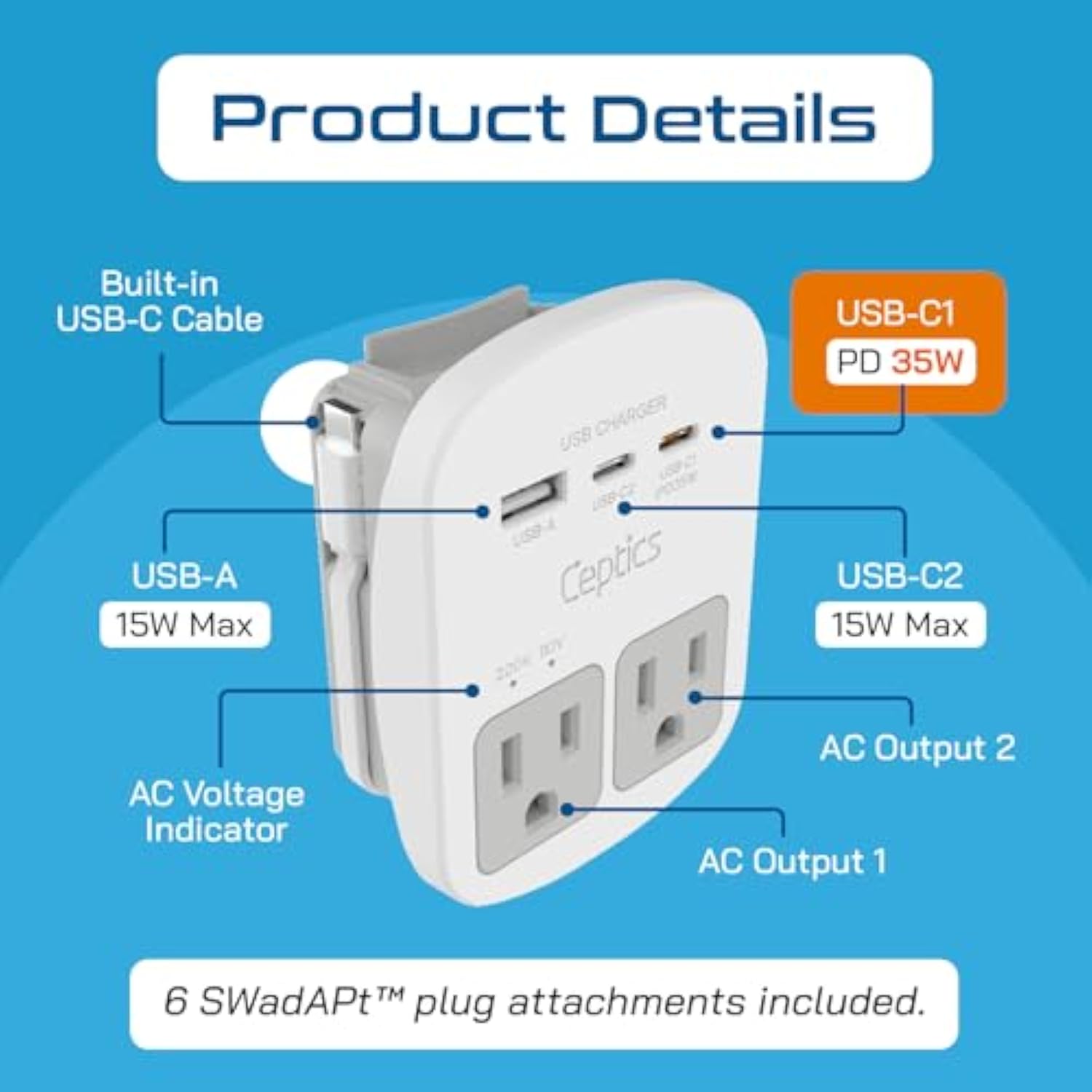 Ceptics Universal Travel Adapter Kit - 2 USB, USB-C Cord+2 US Outlets QC 3.0, Surge Protection, Plugs for Europe, UK, China, Australia, Japan - Perfect for Laptop, Cell Phones, Cameras,Safe ETL Tested