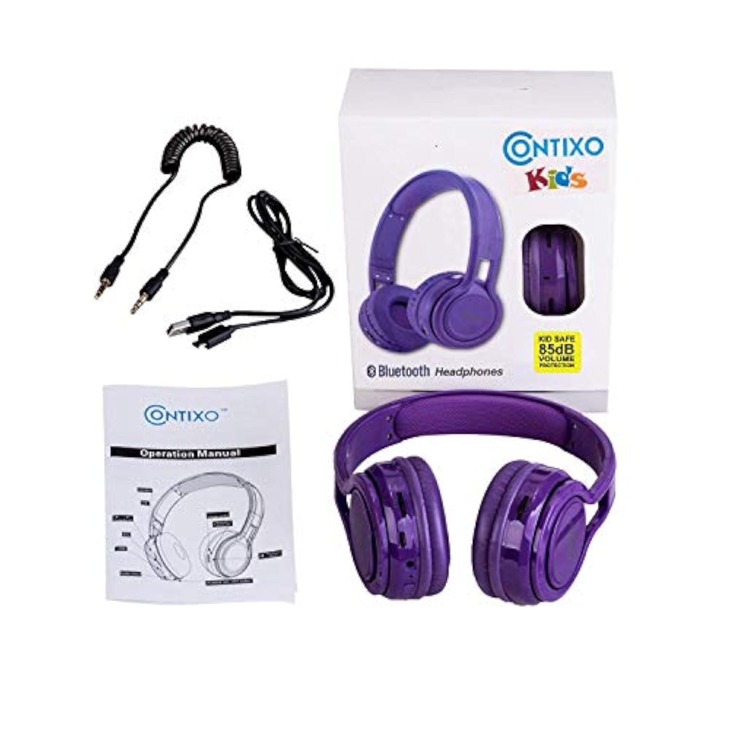 Contixo KB-2600 Premium Foldable Headphones for Kids - 85db Volume Limiter - Over-Ear and Built-in Mic Wirelesss for Children - Purple