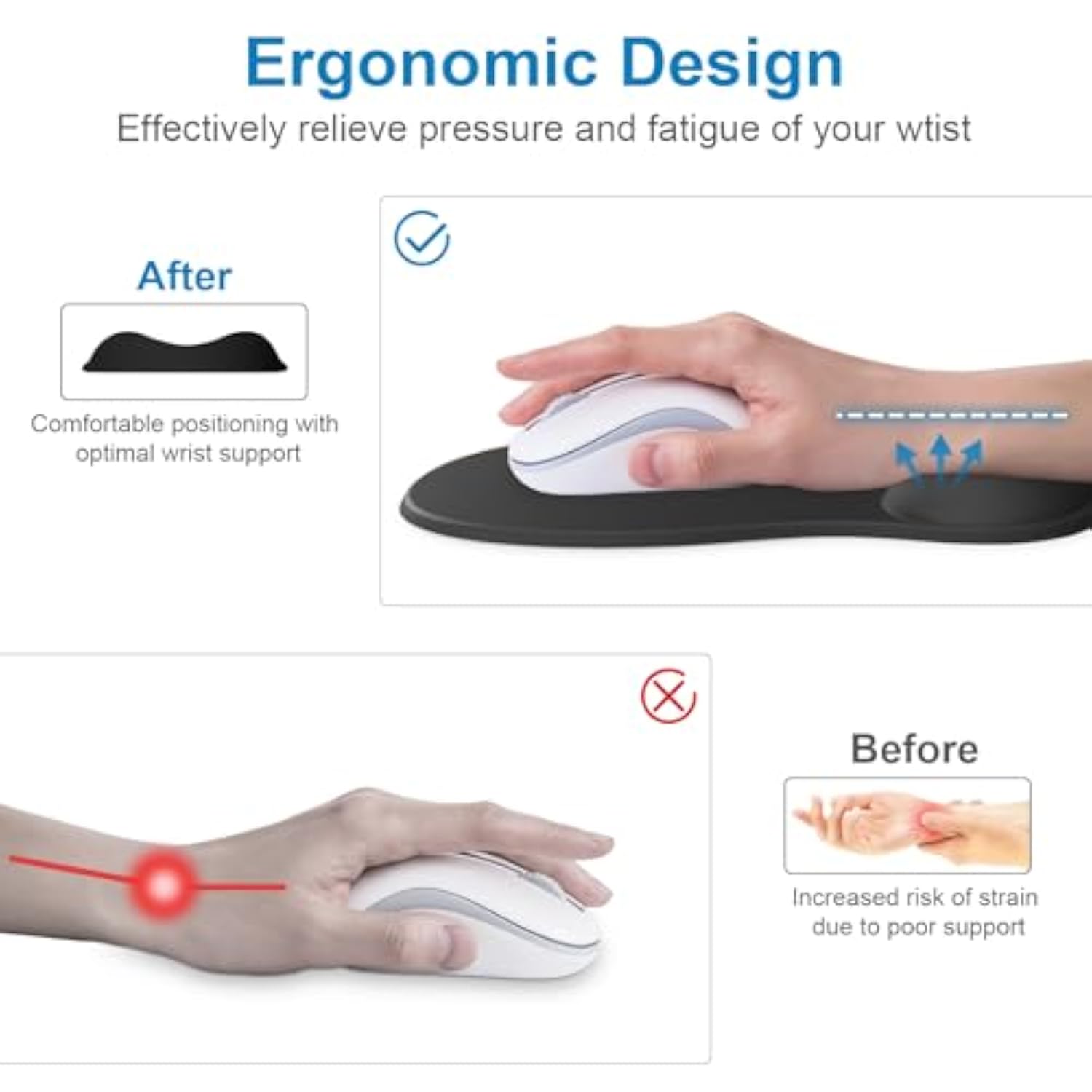 Ergonomic Mouse Pad With Wrist Rest, Gel Mousepad With Wrist Support, Pain Relief, Black Mouse Wrist Rest With Non-Slip Pu Base, Computer Mouse Pad For Laptop, Desk, Gaming, Office, Home