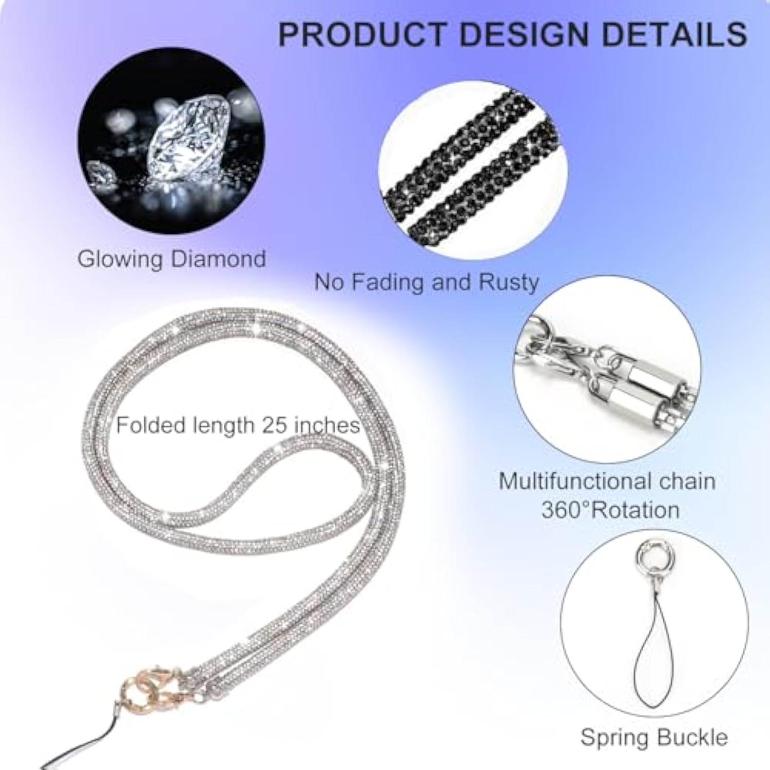 Crossbody For Phone Lanyard/Chain Water Diamond Full Diamond Chain With Clip Antilost Lanyard Universal Lanyard Suitable For Most Mobile Phones And Bags (White)