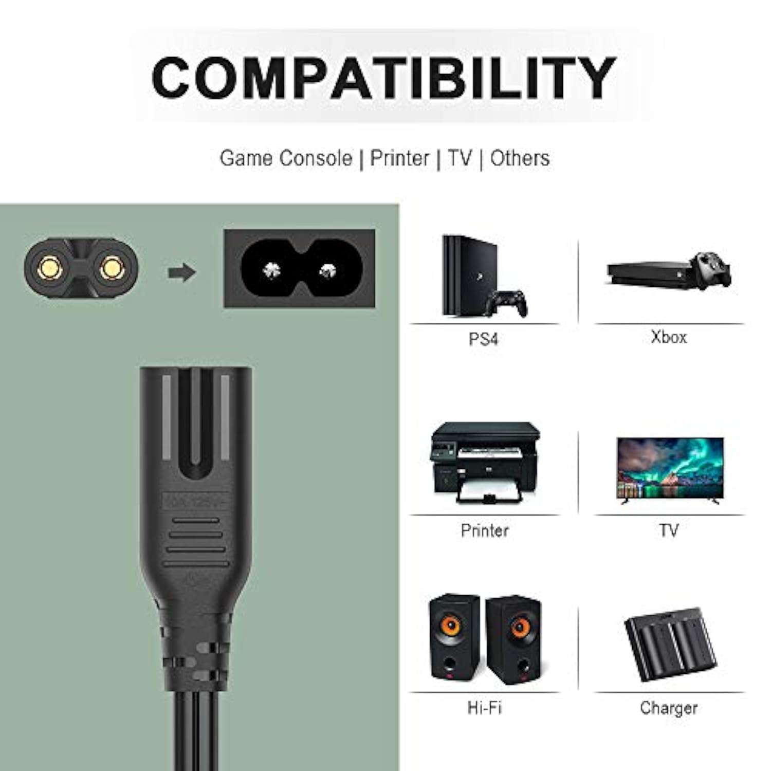 Tv Power Cord For Samsung Lg Tcl Sony: 6Ft 2 Prong Ac Wall Plug 2-Slot Led Lcd Cable Insignia Sharp Toshiba Jvc Hisense Electronics Un65Ks8000Fxza Un40J5200Afxza 43Uh6100