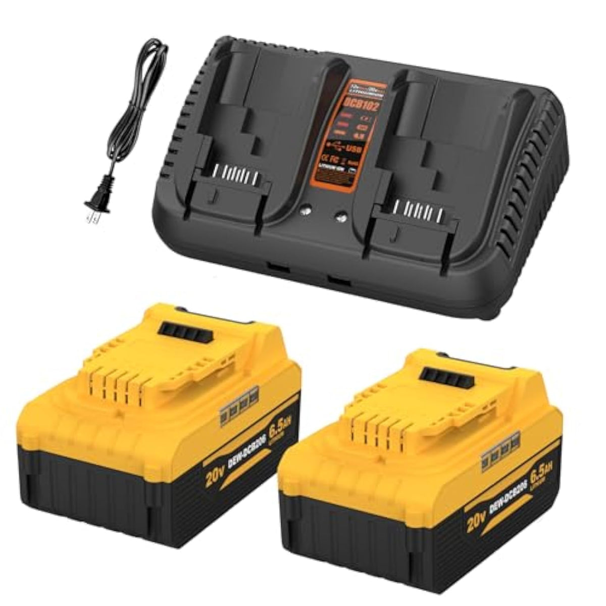 20V 6.5Ah Replacement For Dewalt 20V Max Battery 2Packs And Charger Compatible With Dcb102 Dcb104 Dcb118 Dcb115 Dcb204