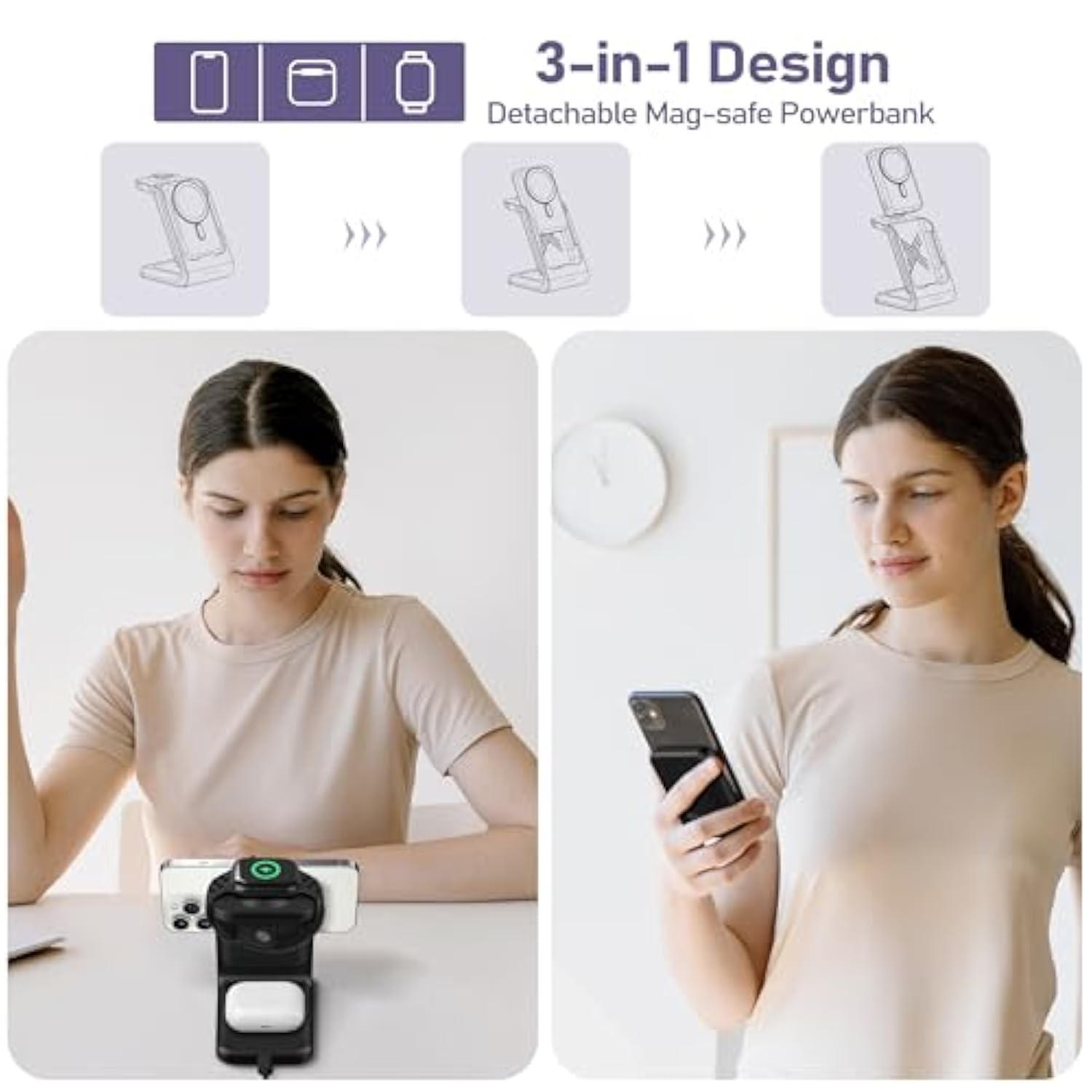 3 In 1 Wireless Charging Station: 10000Mah Removable Power Bank Charger Stand For Iphone/Apple Watch/Airpods - Portable Magnetic Battery Pack For 16 15 14 13 12 Series