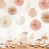 Champagne Gold Beige Peach Boho Streamers 14 Pcs Paper Honeycomb Lanterns Fans Decor