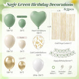 Sage Green Birthday Decorations With Balloons, Banner, Fringe Curtains, Confetti Balloons, Glue Dots, Ribbon, Decorative Strips For Women'S Birthday Parties