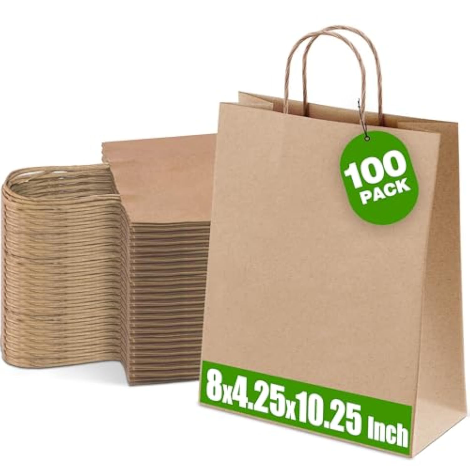 Ginkgo 100 Pcs Paper Gift Bags with Handles, Brown Paper Bags 8x4.25x10.25 Inch, Medium Size Bulk Kraft Bag for Party, Favor, Goodie, Grocery, Shopping