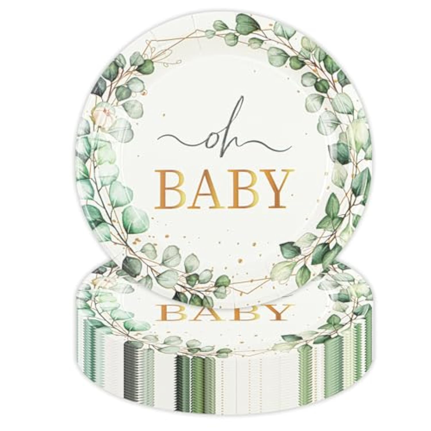 50 Pcs Eucalyptus Baby Shower Paper Plates, 7Inch Greenery Oh Baby Dessert Plate Party Supplies Disposable Tableware Sets For Boys Or Girls Gender Reveal Shower Party Decorations Favors