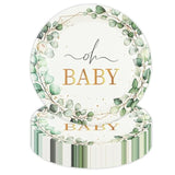 50 Pcs Eucalyptus Baby Shower Paper Plates, 7Inch Greenery Oh Baby Dessert Plate Party Supplies Disposable Tableware Sets For Boys Or Girls Gender Reveal Shower Party Decorations Favors