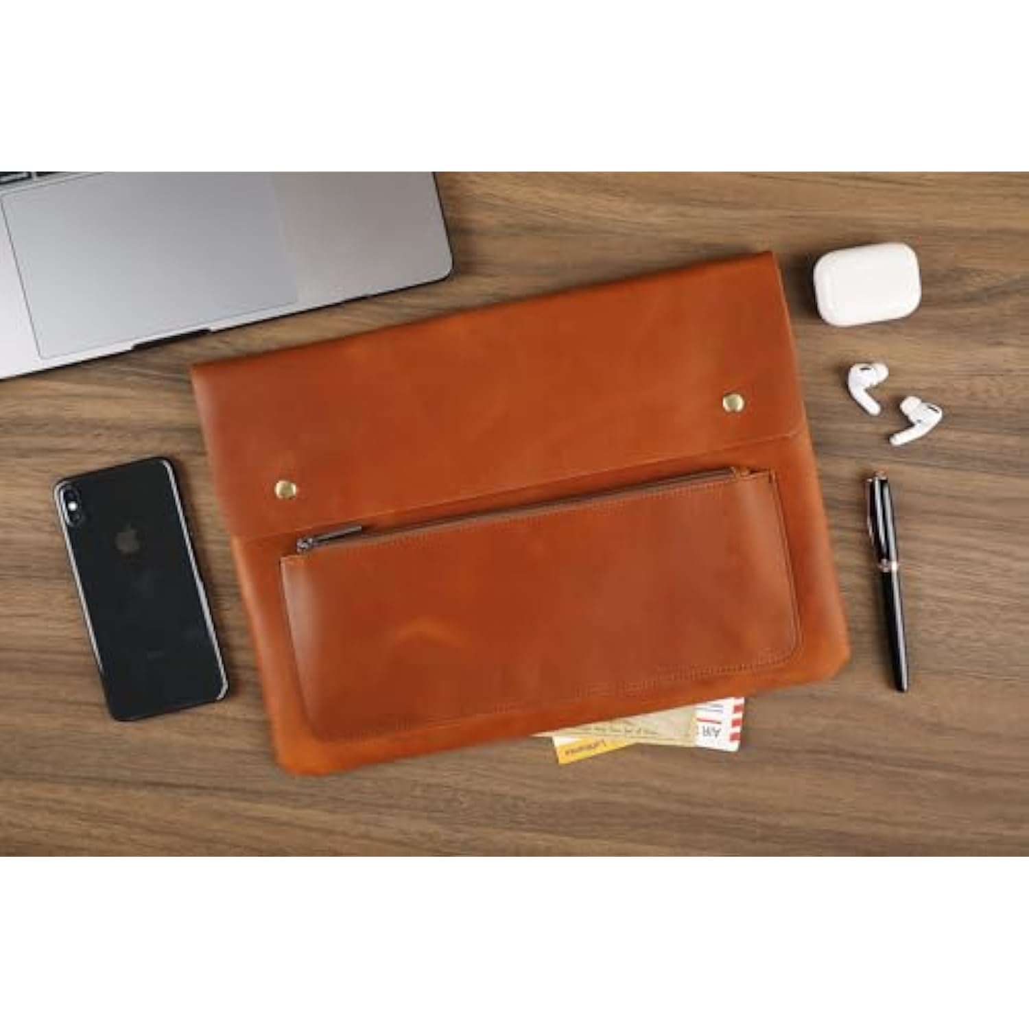 Genuine Leather Sleeve For 13/14/15-In Macbook Pro & Macbook Air, Slim Protective Laptop Case, Folio Document Organizer Leather Folder Portfolio-Brown