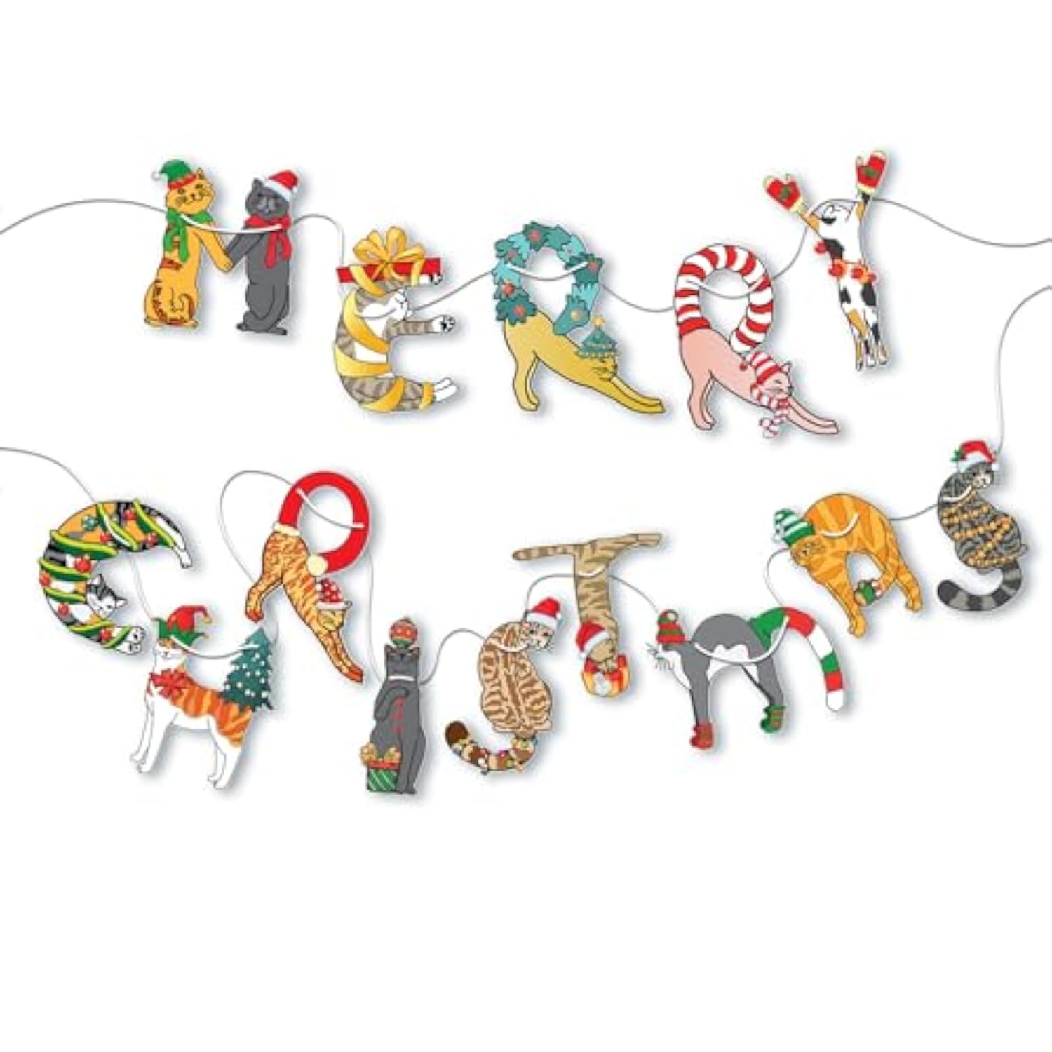 Cats Merry Christmas Garland - Festive Cat-Themed Christmas Decoration For Cat Lovers - Funny Cats Christmas Party Banner Decoration