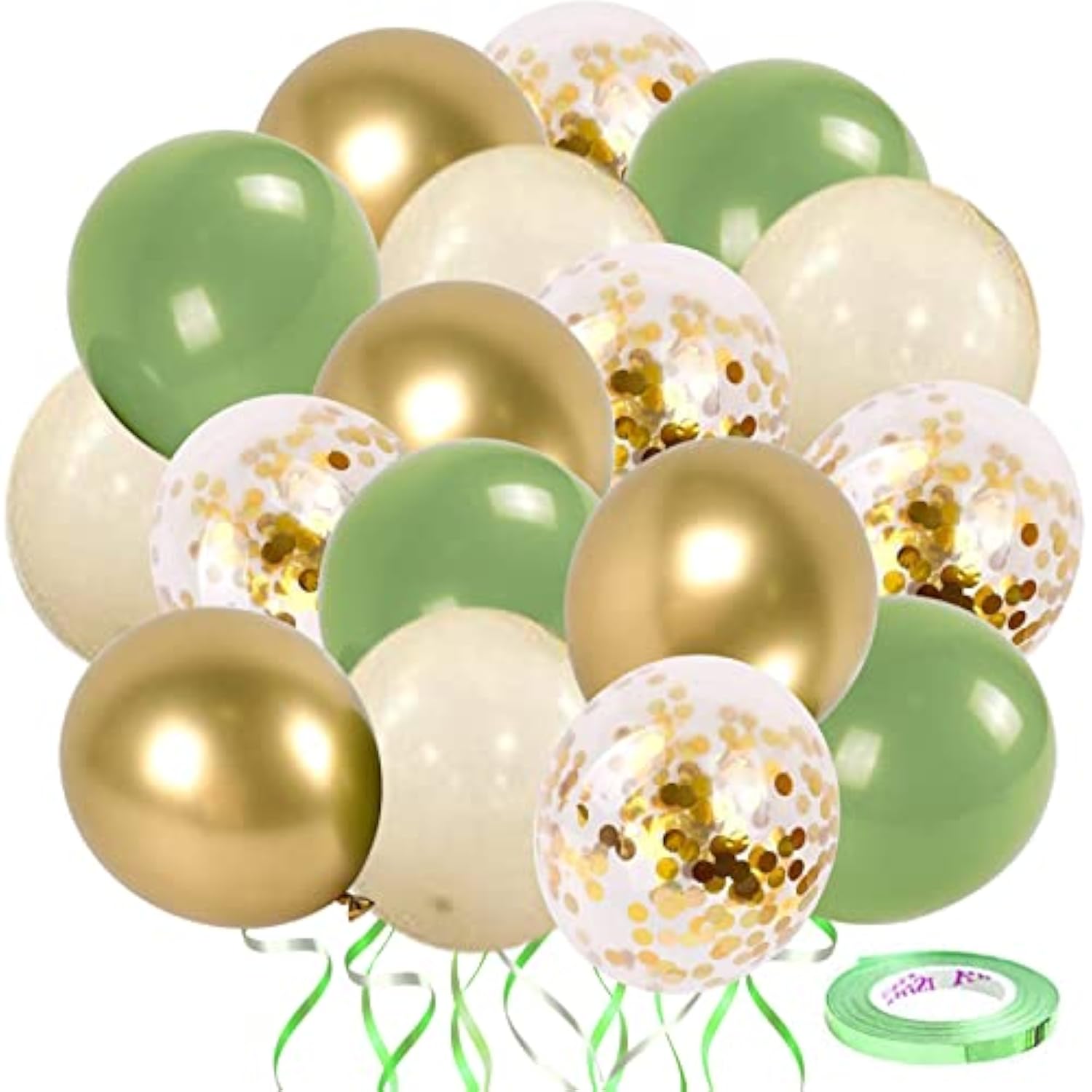 50PCS Sage Green & Gold Balloons – Olive, Blush, Confetti Balloons for Party Decorations