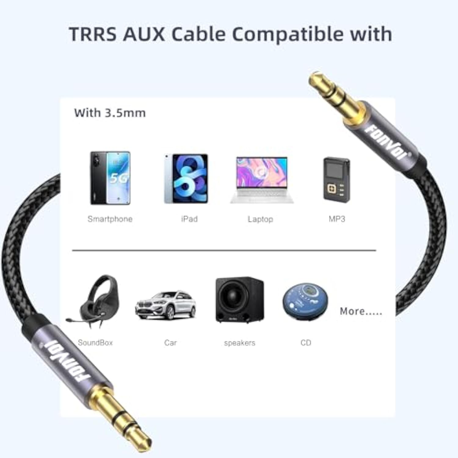 Aux Cable(20Ft),3.5Mm Audio Aux Cord For Car,Braided 3.5Mm Male To Male Stereo Cable, Compatible With:Headphones, Phones, Ipod,Car Audio,Mp3 And More