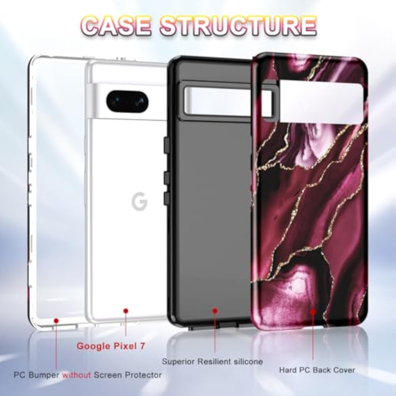 Marble Pattern 3 in 1 Heavy Duty Shockproof Full Body Rugged Hard PC+Soft Silicone Drop Protective Case for Google Pixel 7 (2022) - Wine Red