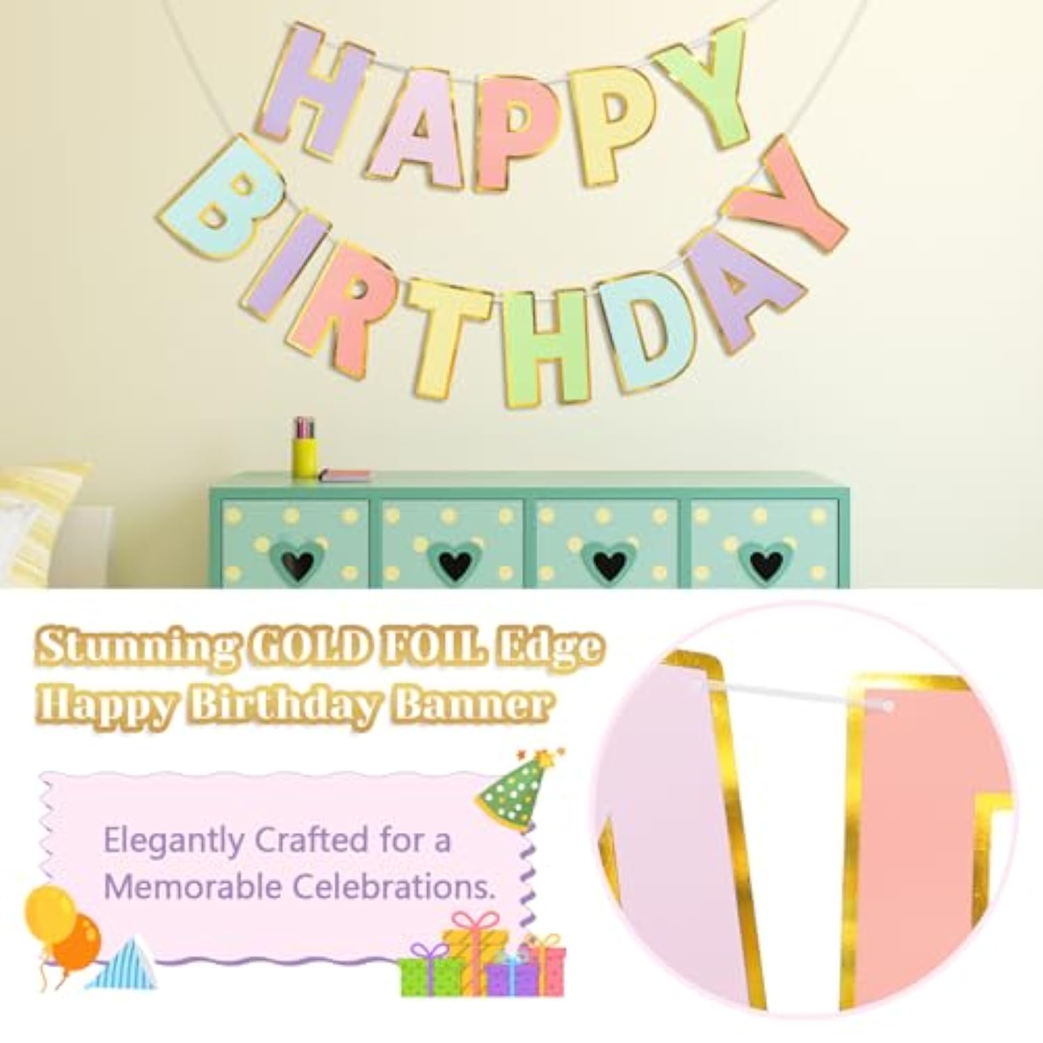 Pastel Happy Birthday Banner – 9ft Pre-Strung, No Assembly Needed for All Ages & Celebrations
