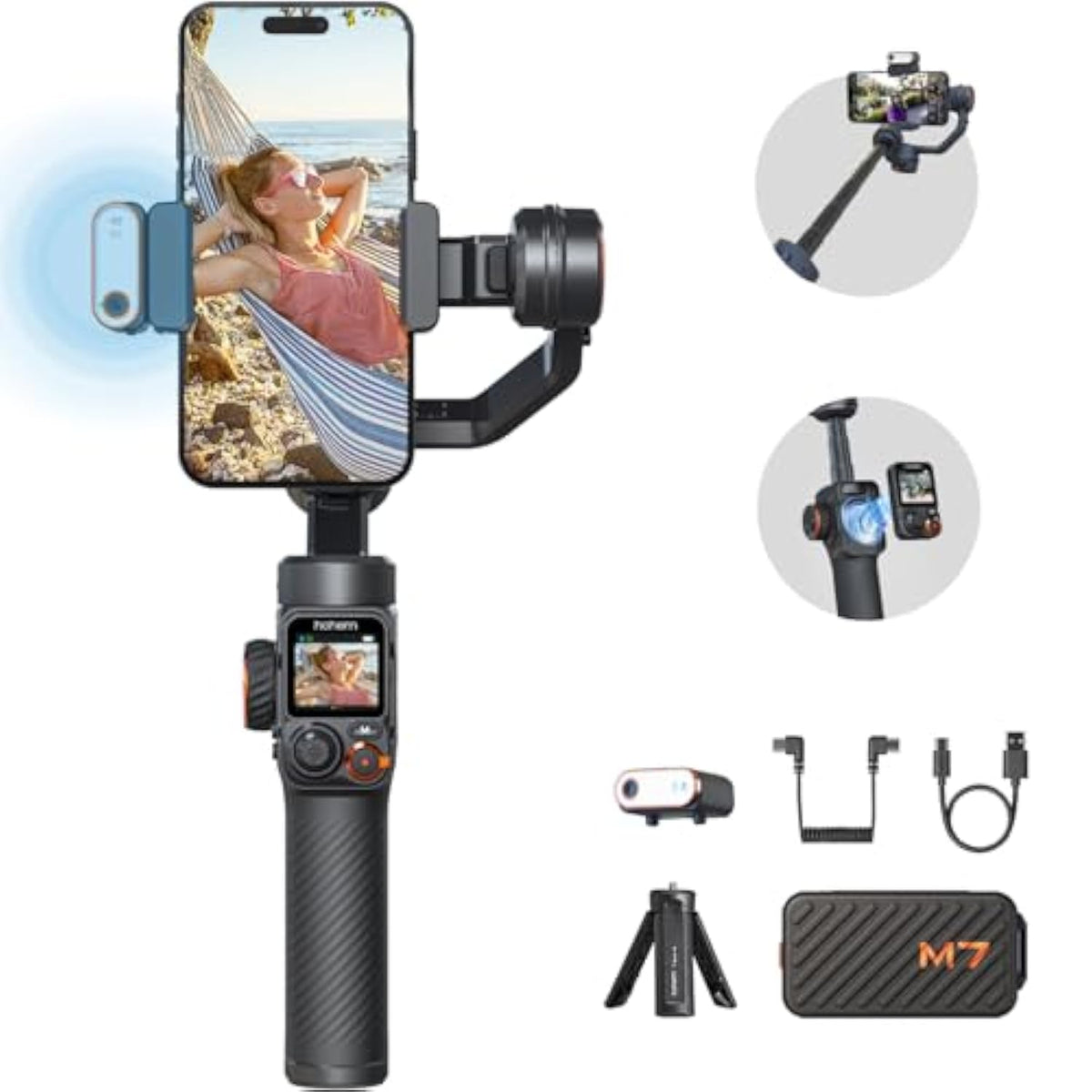 Hohem iSteady M7 Gimbal Stabilizer for Smartphone, Magnetic AI Tracker Fill Light, Detachable Touchscreen Remote Controller, Built-in Extension Rod, 500g Payload Gimbal Stabilizer for iPhone Android