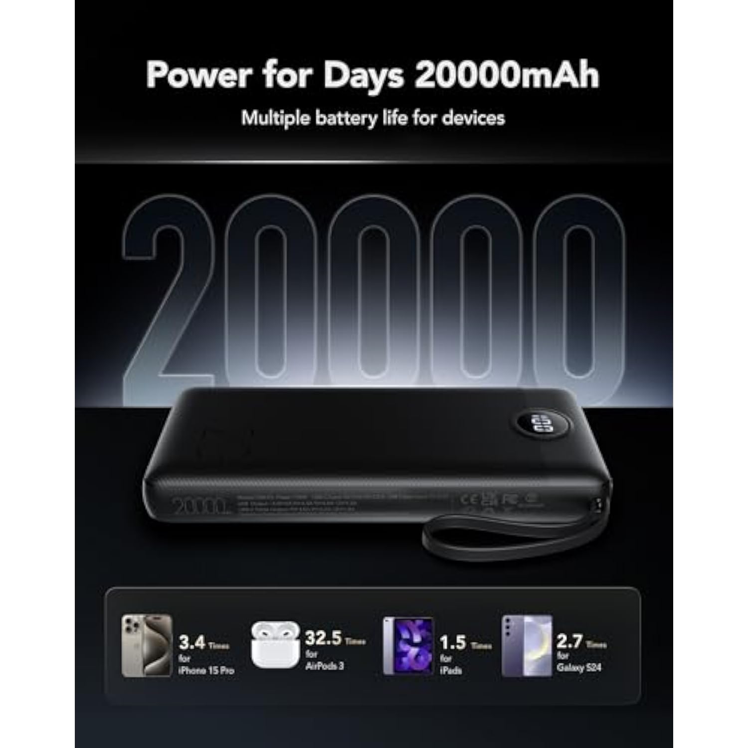 Portable Charger With Built In Cables 20000Mah, Usb C Power Bank 4 Output 2 Input, Led Display 22.5W Fast Charging Battery Pack For Iphone 15/15 Pro/15 Plus/14/13/12/11/X, Samsung, Etc-Black