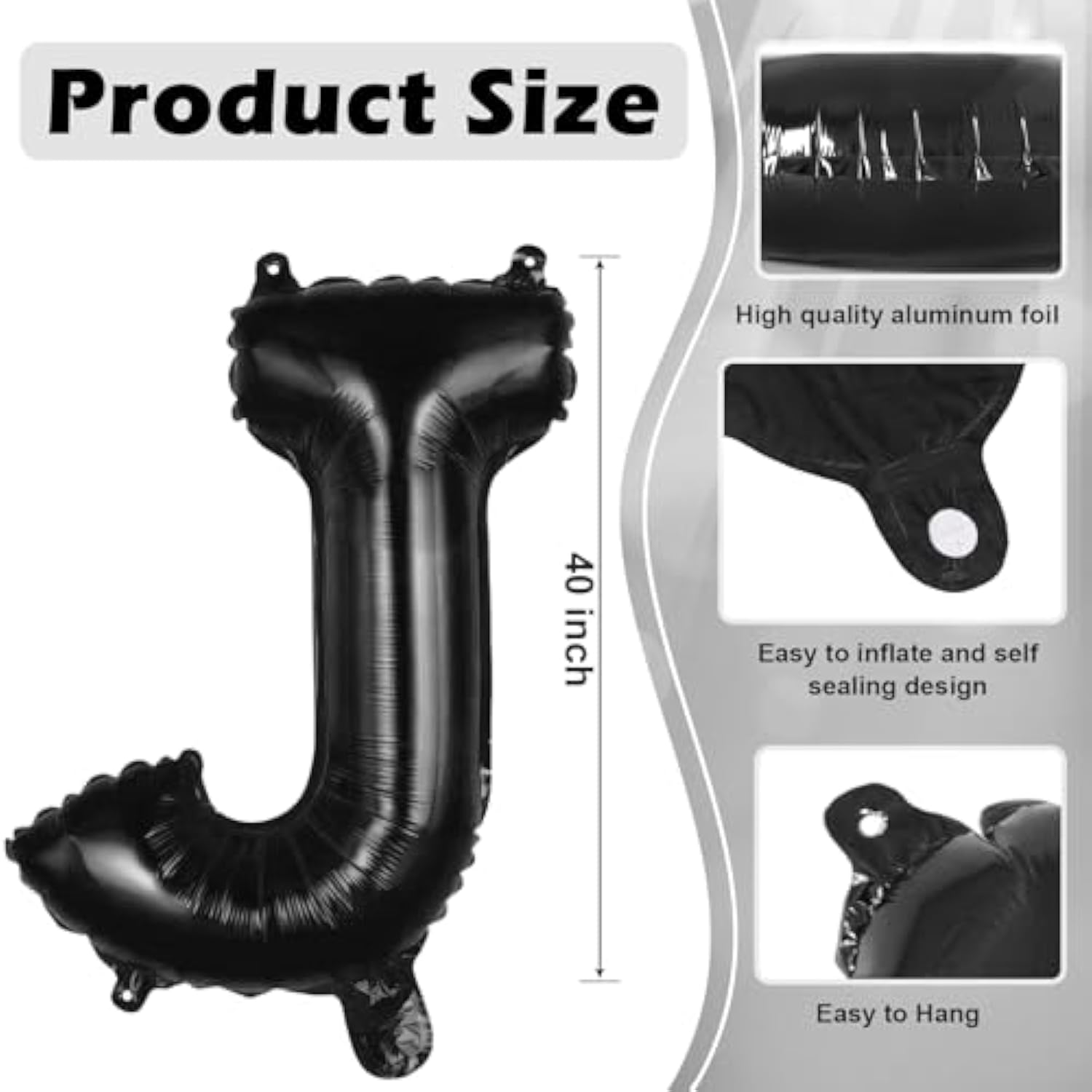 Black Letter J Balloons, 40 Inch Large Foil Letter Balloons, Custom Phrase Balloon For Birthday Party Wedding Anniversary Decoration (Black J)