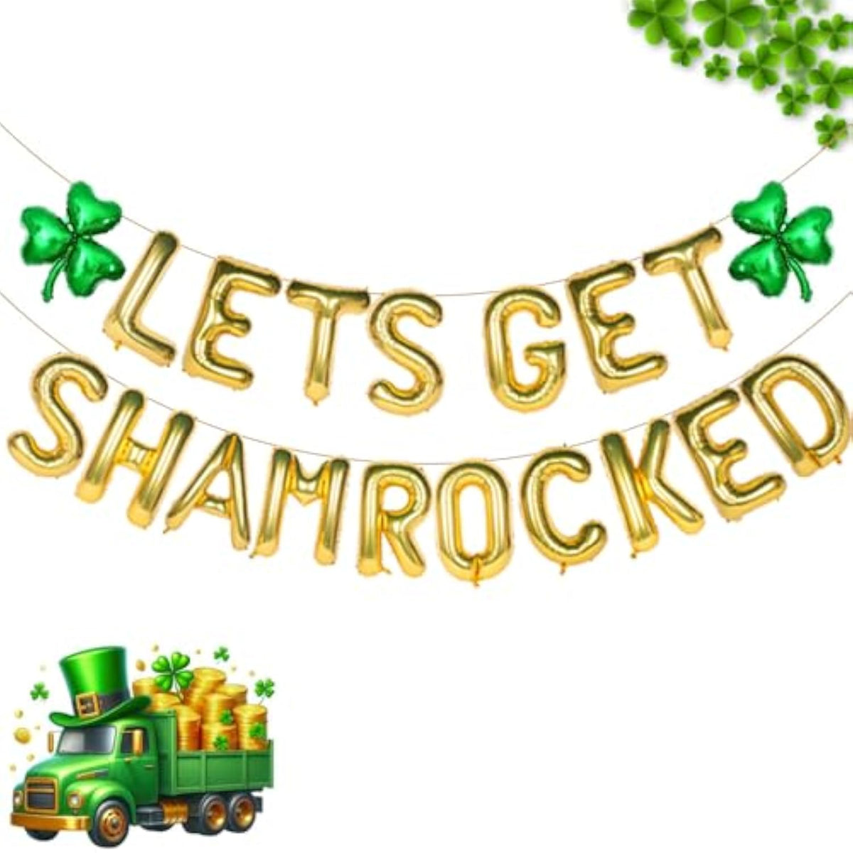 Let'S Get Shamrocked Gold Letter Balloons, Gaint 16 Inch St. Patrick'S Day Decorations With 2Pcs 18 Inch Green Clover Foil Balloon Set Irish Festival Holiday Party Favor For Spring Parade Celebration