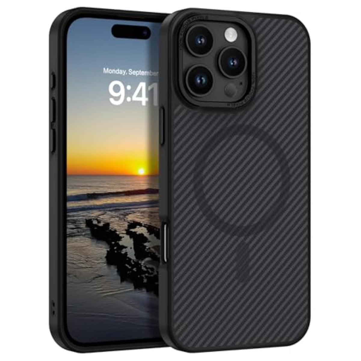 For Iphone 16 Pro Case With Carbon Fiber Texture Design [Compatible With Magsafe] Matte Back Anti-Scratch Slim Shockproof Phone Cover For Iphone 16 Pro 6.3 Inch-Black